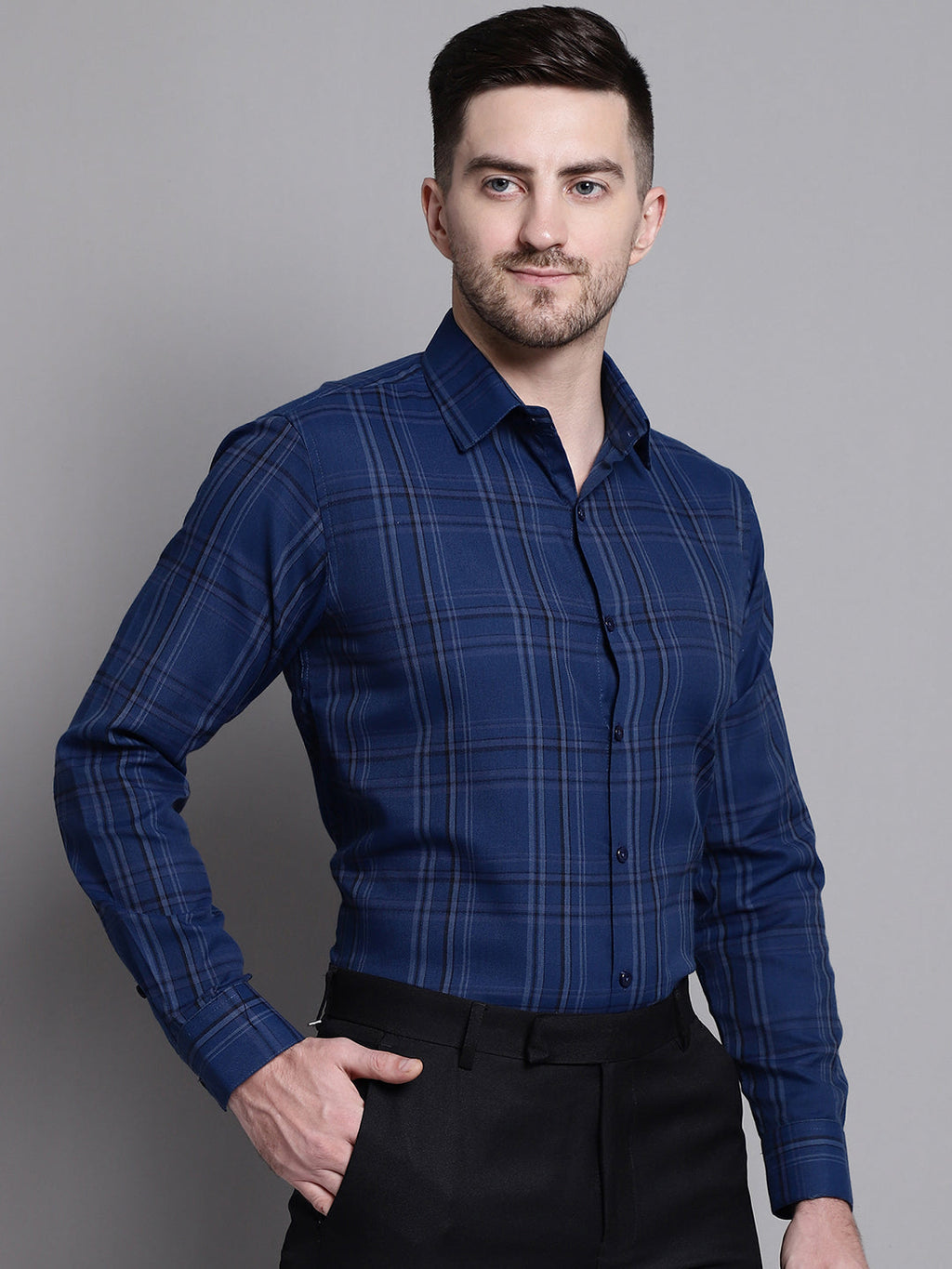Jainish Men's Classic Checks Formal Shirt - Blue