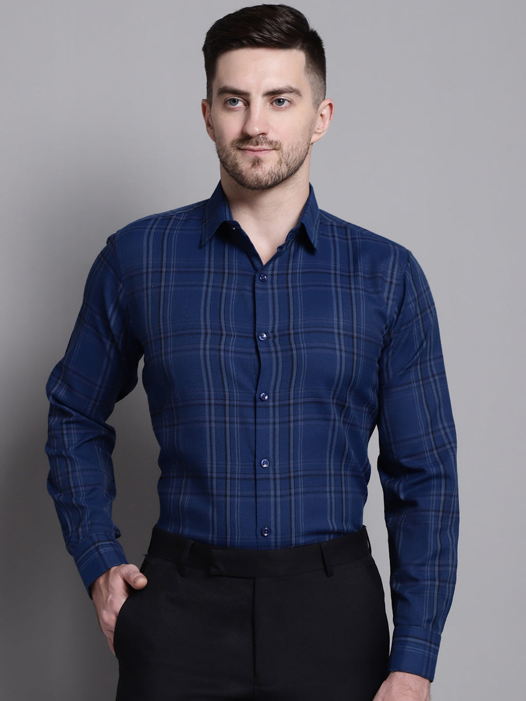 Jainish Men's Classic Checks Formal Shirt - Blue