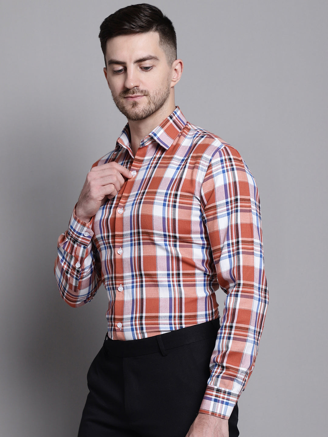 Jainish Men's Classic Checks Formal Shirt - Brown
