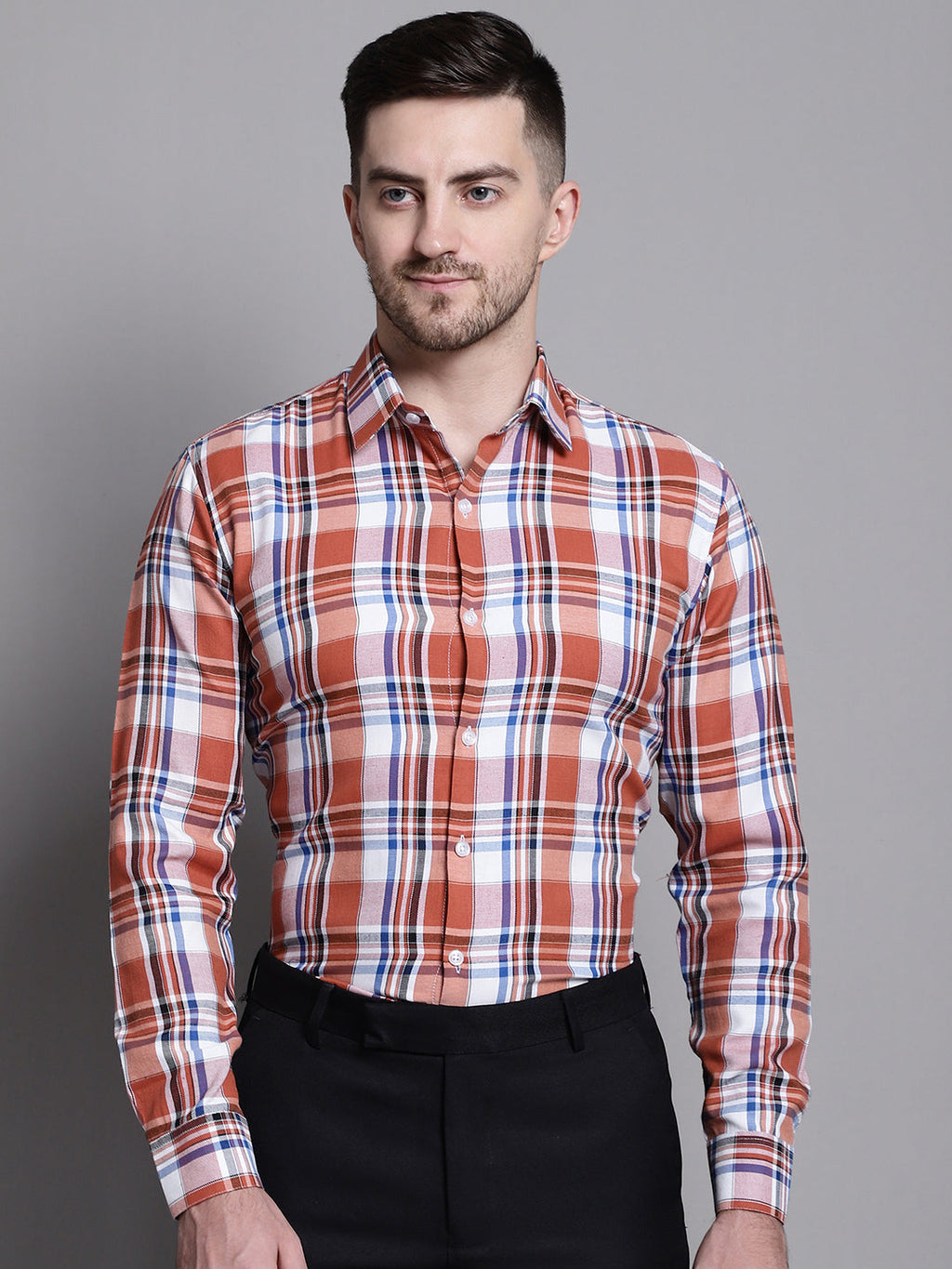Jainish Men's Classic Checks Formal Shirt - Brown