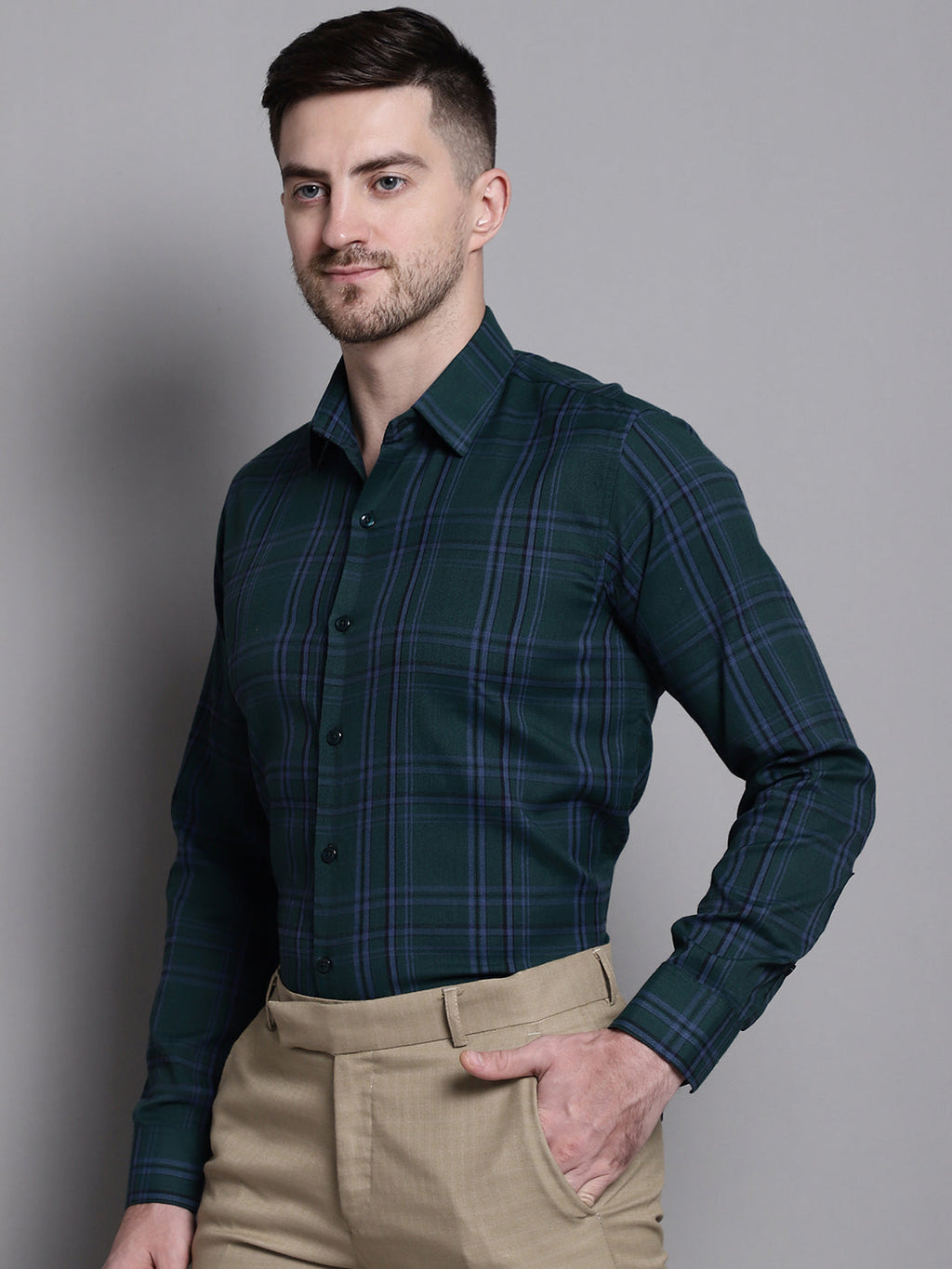 Jainish Men's Classic Checks Formal Shirt - Green