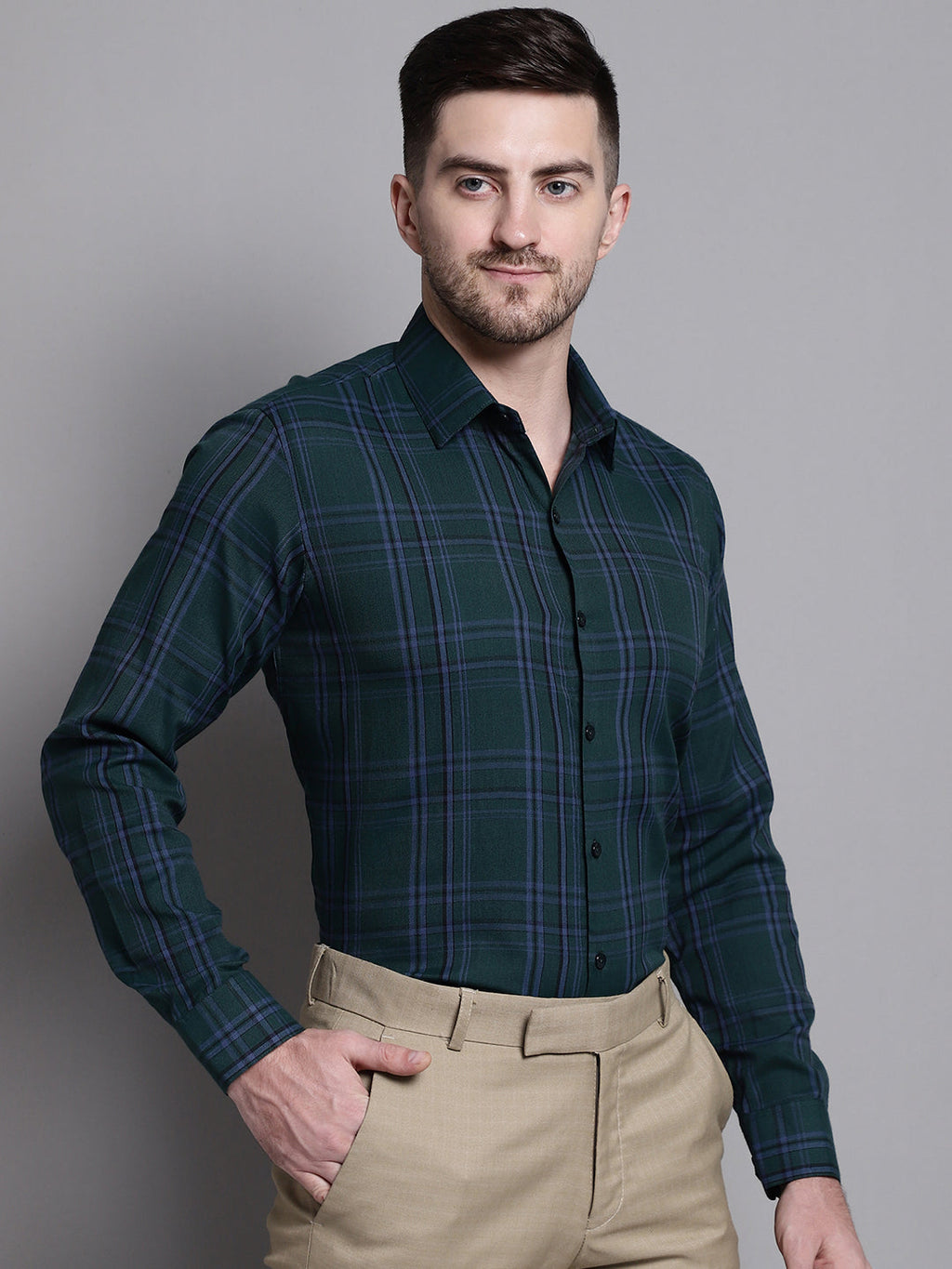 Jainish Men's Classic Checks Formal Shirt - Green