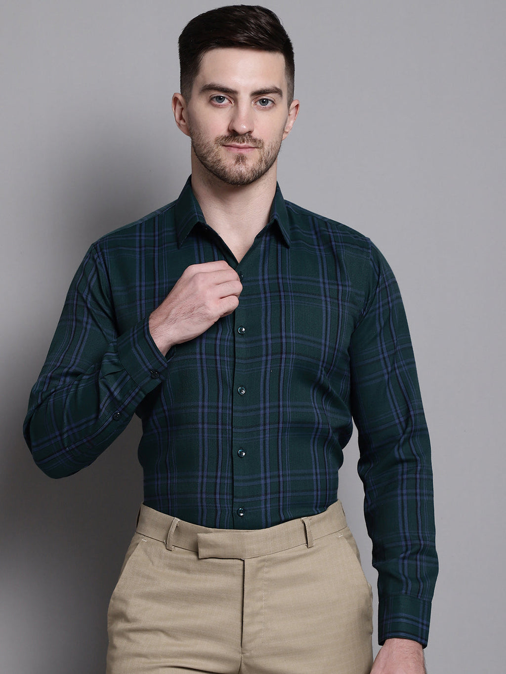 Jainish Men's Classic Checks Formal Shirt - Green
