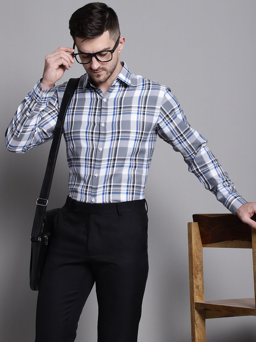 Jainish Men's Classic Checks Formal Shirt - Grey