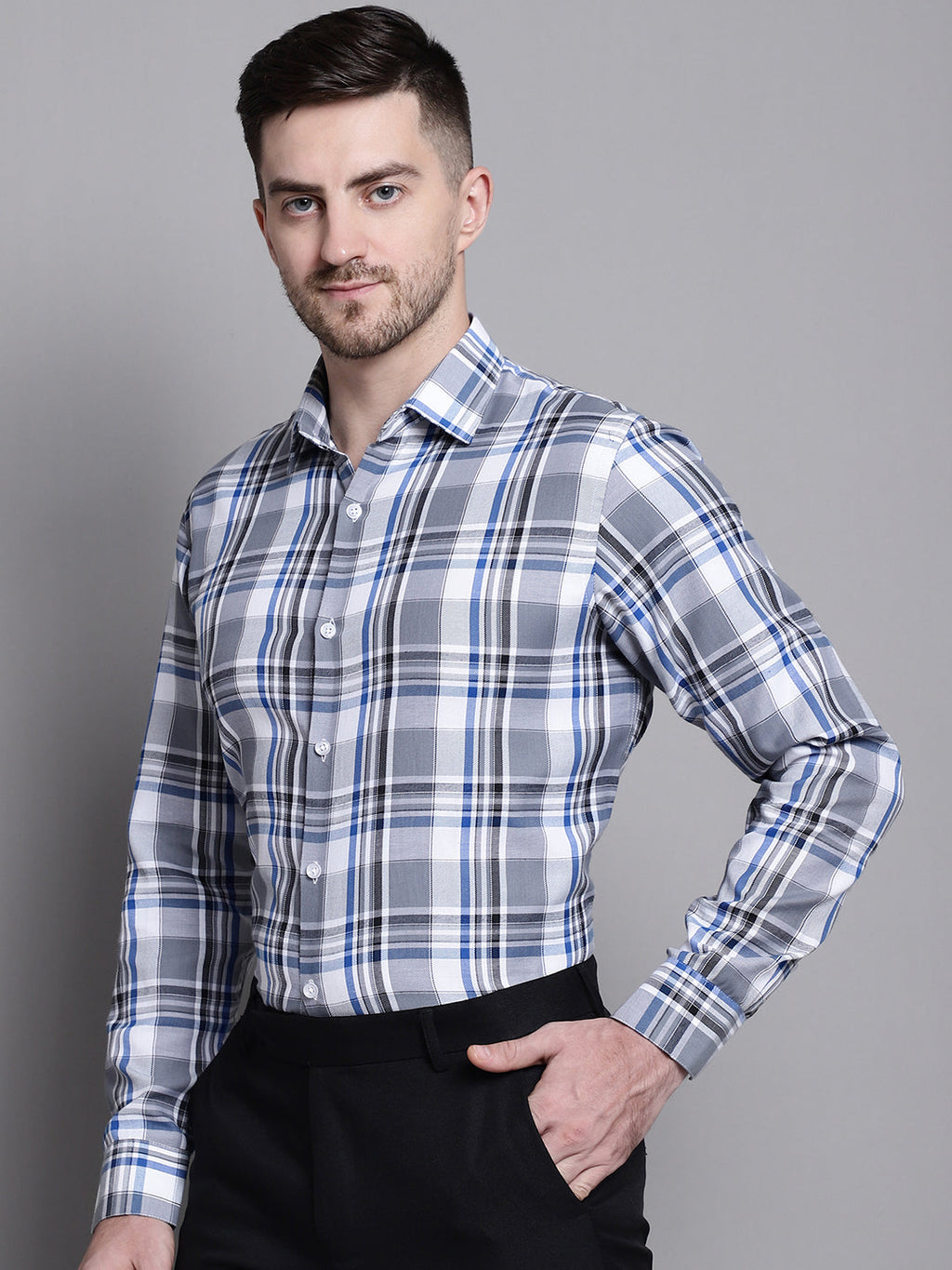 Jainish Men's Classic Checks Formal Shirt - Grey