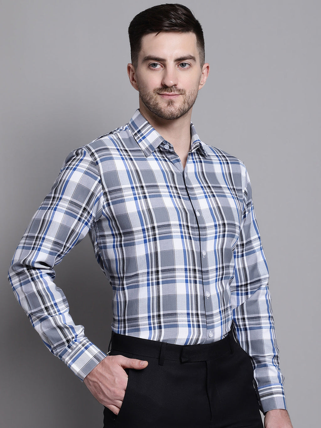 Jainish Men's Classic Checks Formal Shirt - Grey