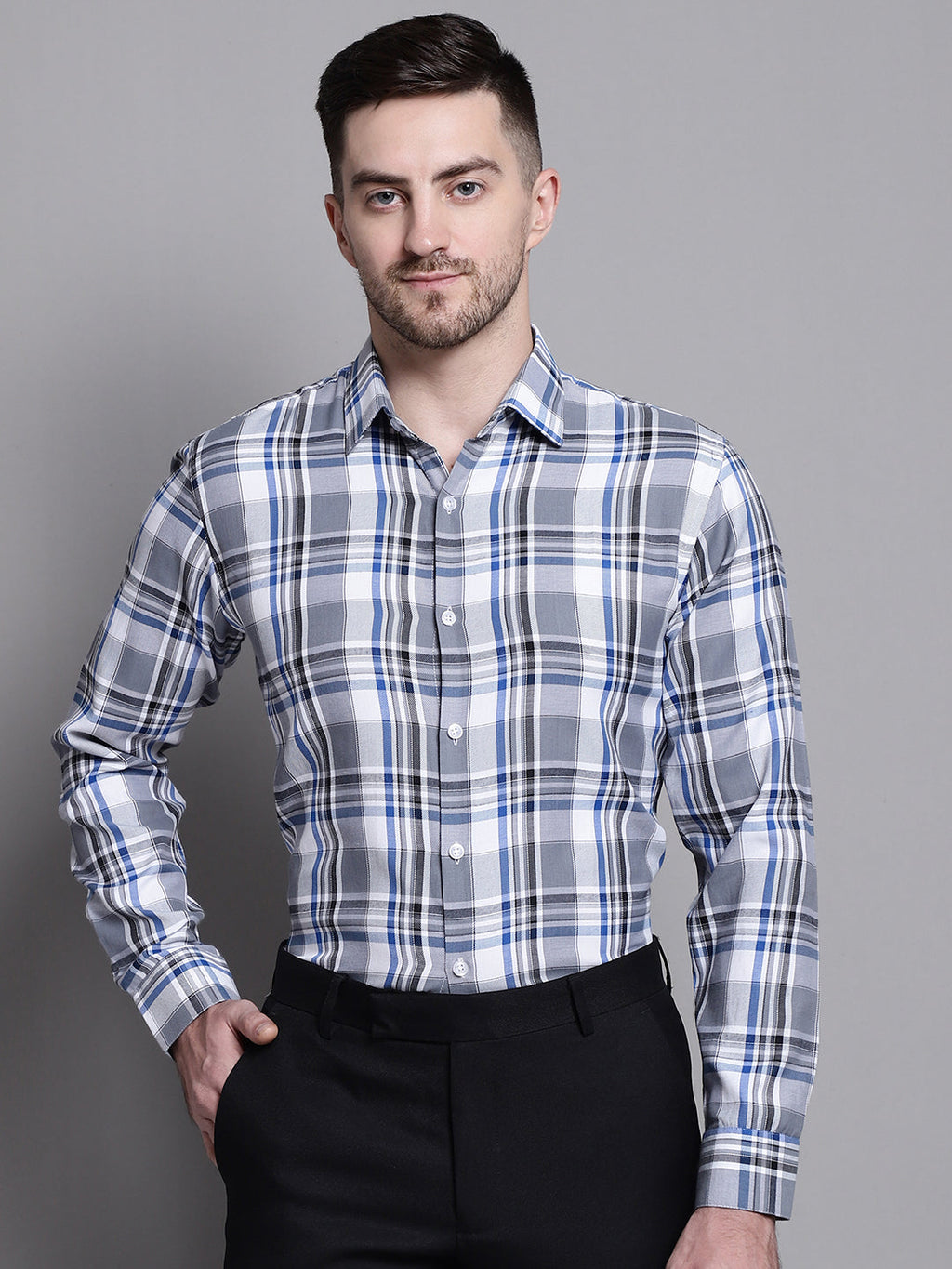 Jainish Men's Classic Checks Formal Shirt - Grey