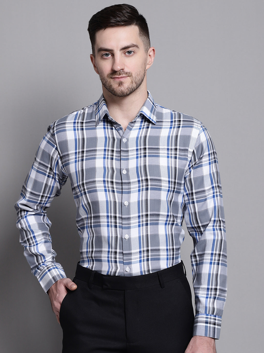 Jainish Men's Classic Checks Formal Shirt - Grey