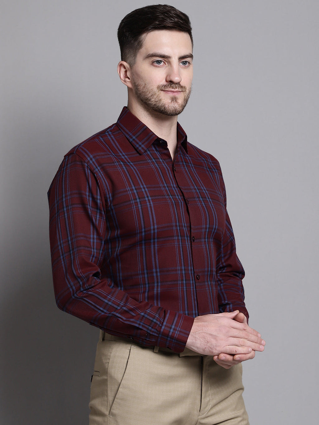 Jainish Men's Classic Checks Formal Shirt - Maroon