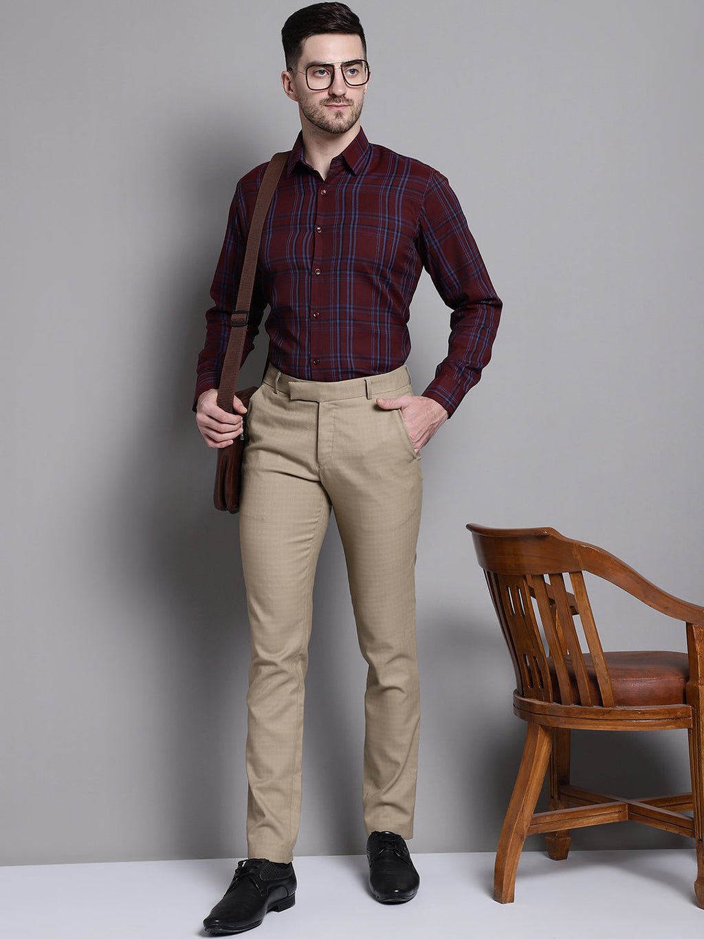 Jainish Men's Classic Checks Formal Shirt - Maroon