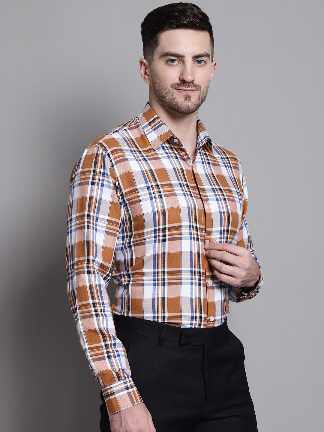 Jainish Men's Classic Checks Formal Shirt - Orange