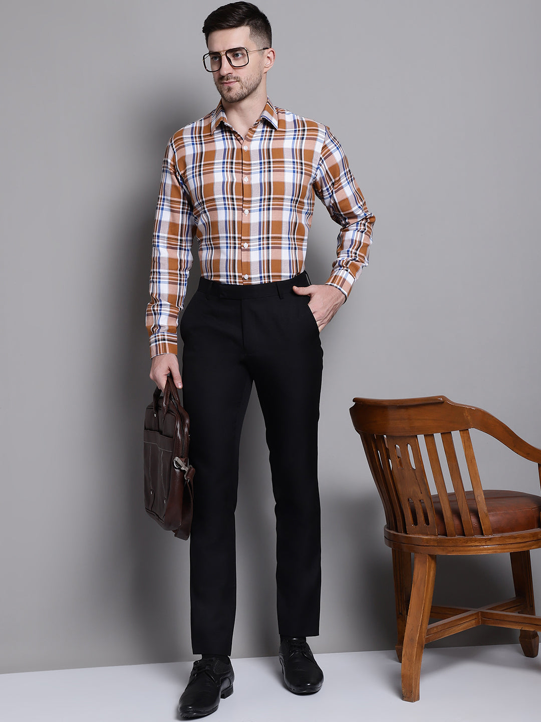 Jainish Men's Classic Checks Formal Shirt - Orange