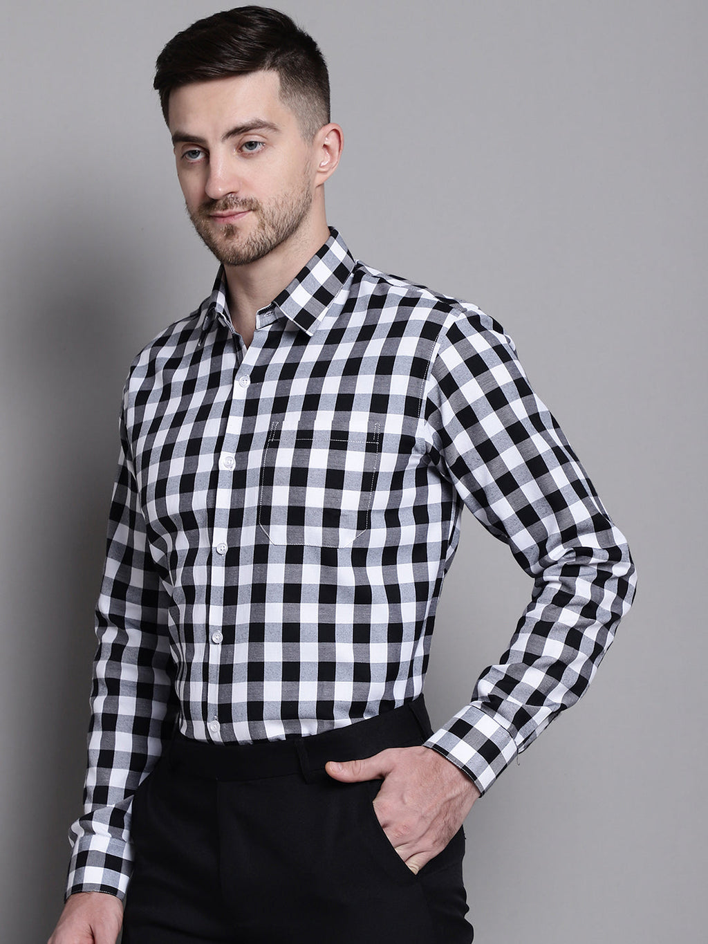 Jainish Men's Buffalo Check Formal Shirt - Black
