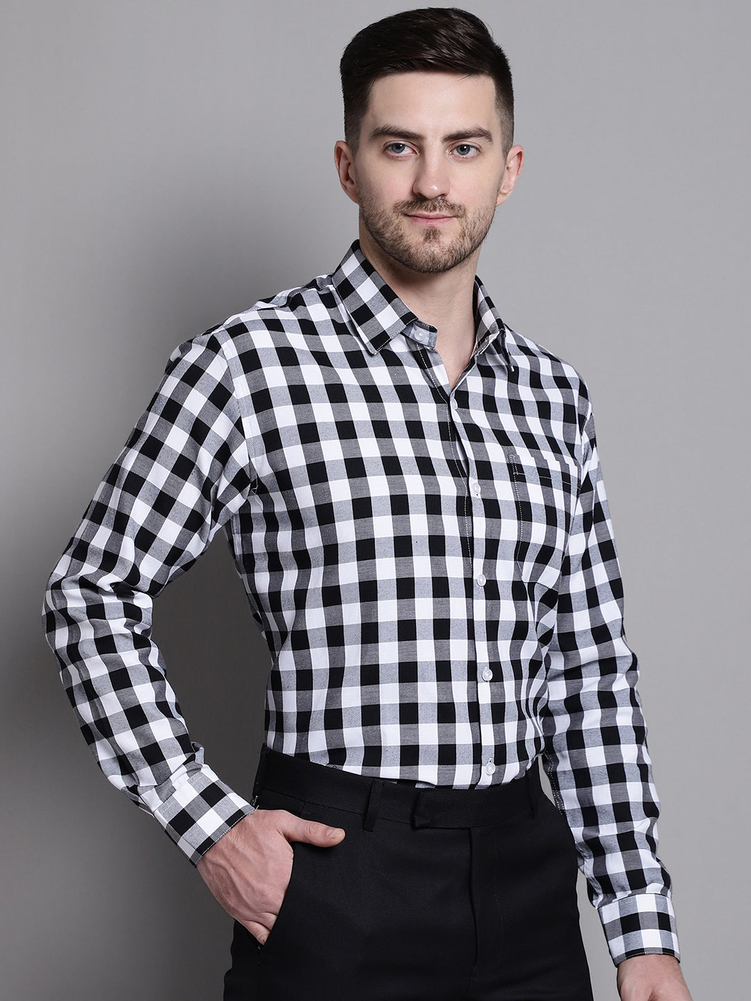 Jainish Men's Buffalo Check Formal Shirt - Black
