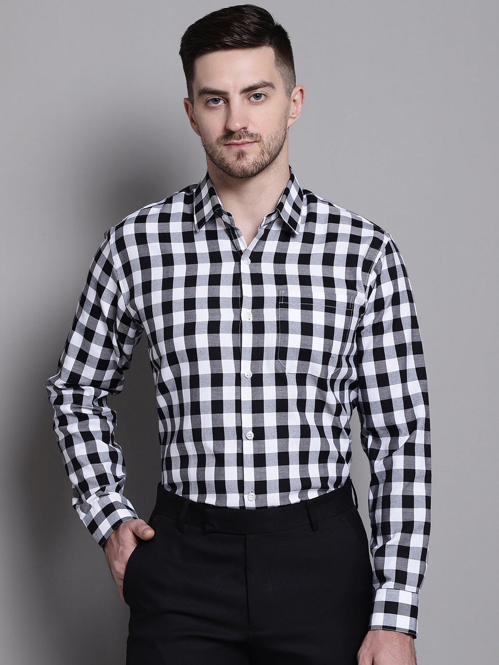 Jainish Men's Buffalo Check Formal Shirt - Black