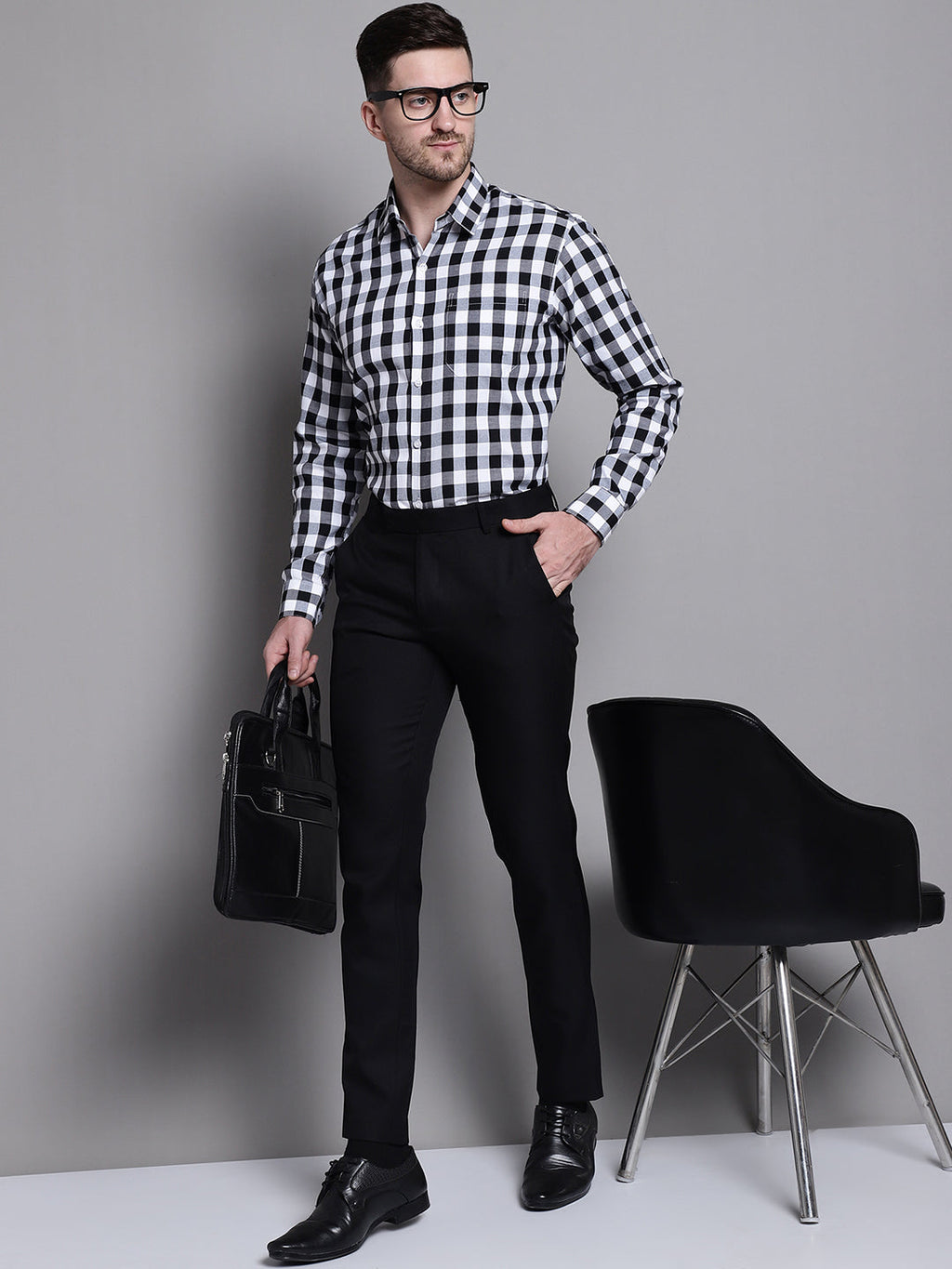 Jainish Men's Buffalo Check Formal Shirt - Black