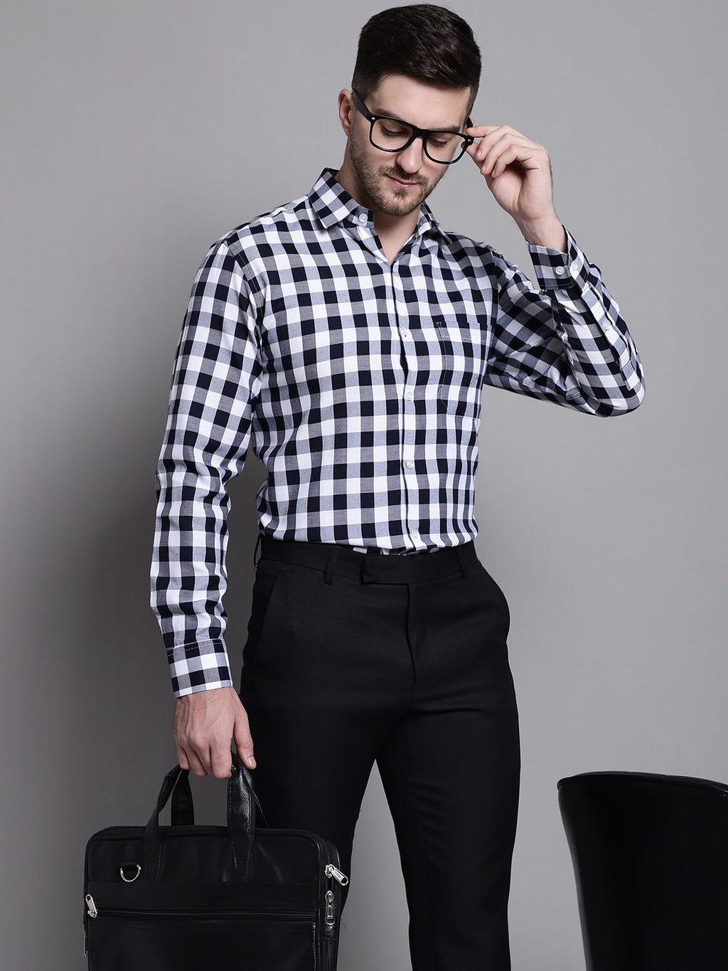 Jainish Men's Buffalo Check Formal Shirt - Navy Blue