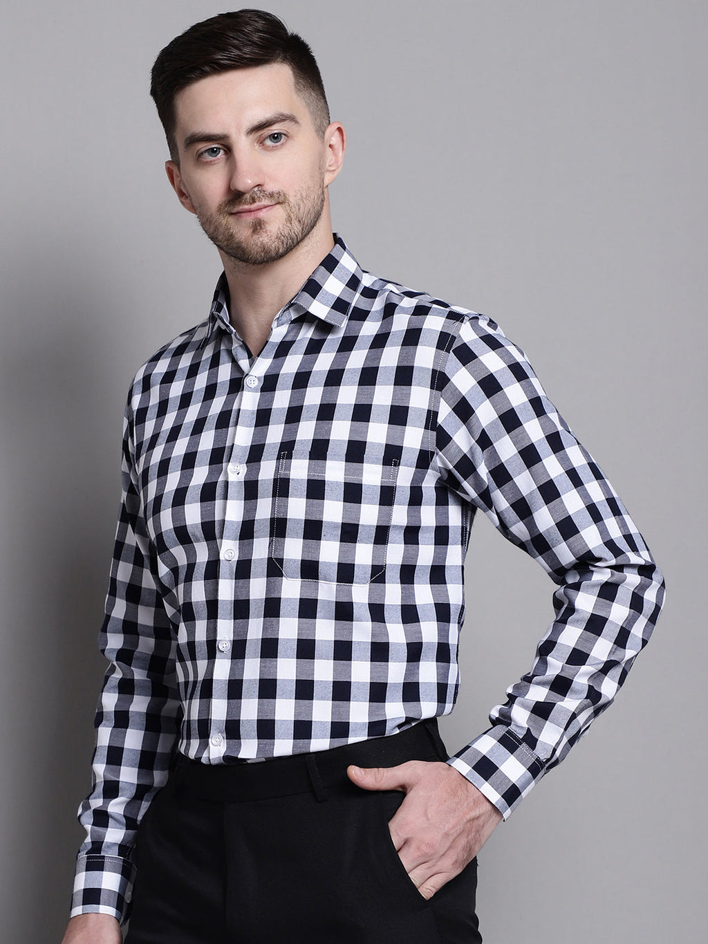 Jainish Men's Buffalo Check Formal Shirt - Navy Blue