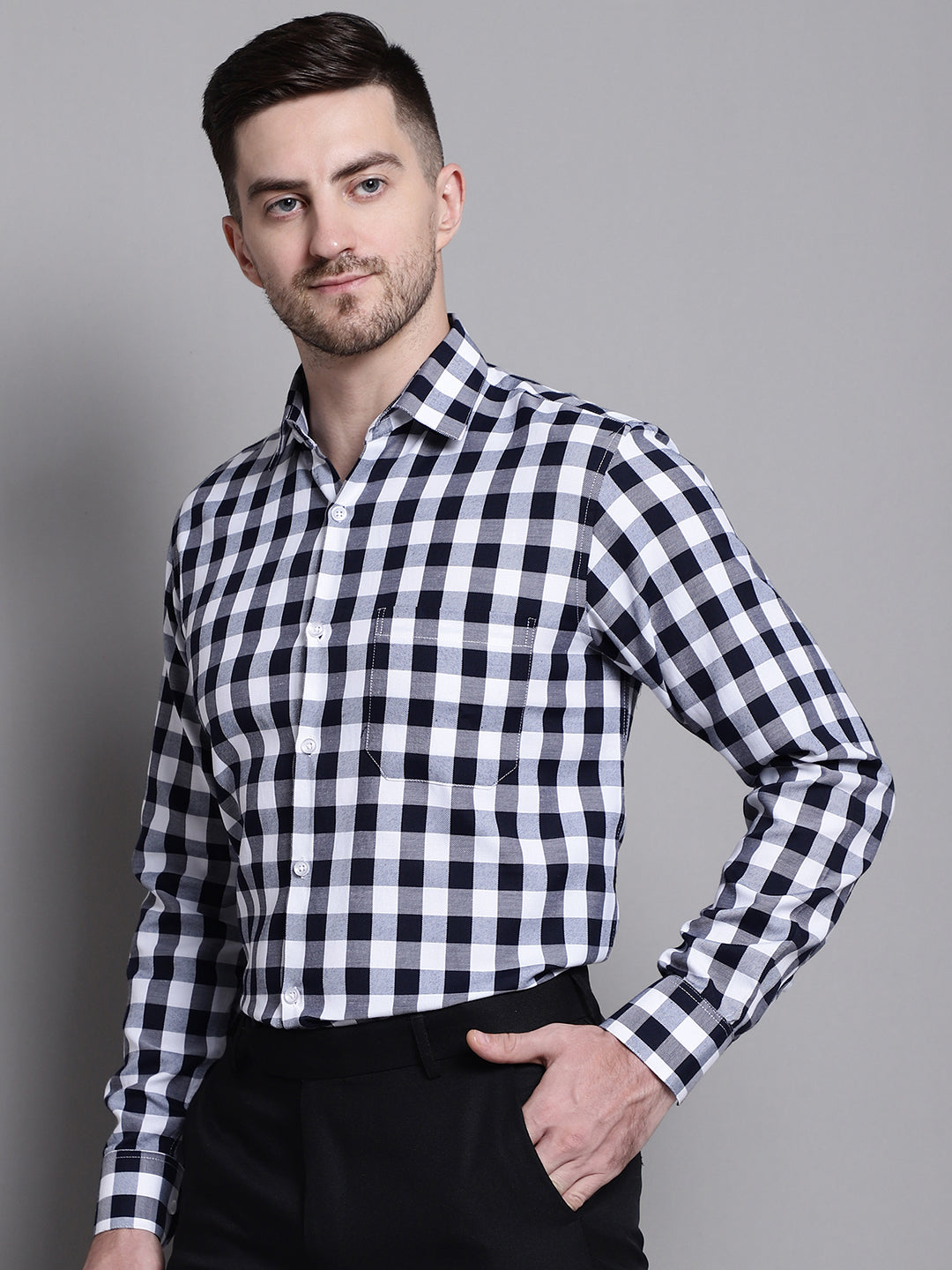 Jainish Men's Buffalo Check Formal Shirt - Navy Blue