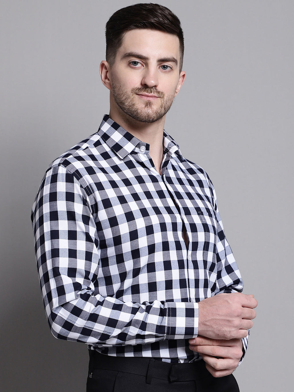 Jainish Men's Buffalo Check Formal Shirt - Navy Blue
