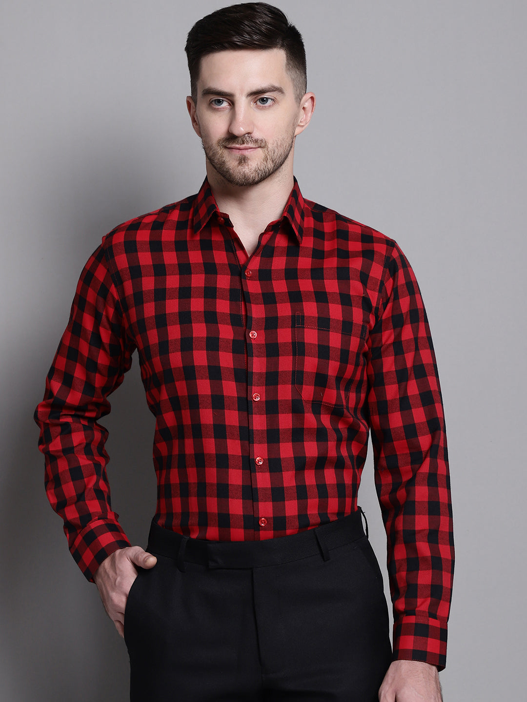 Jainish Men's Buffalo Check Formal Shirt - Red