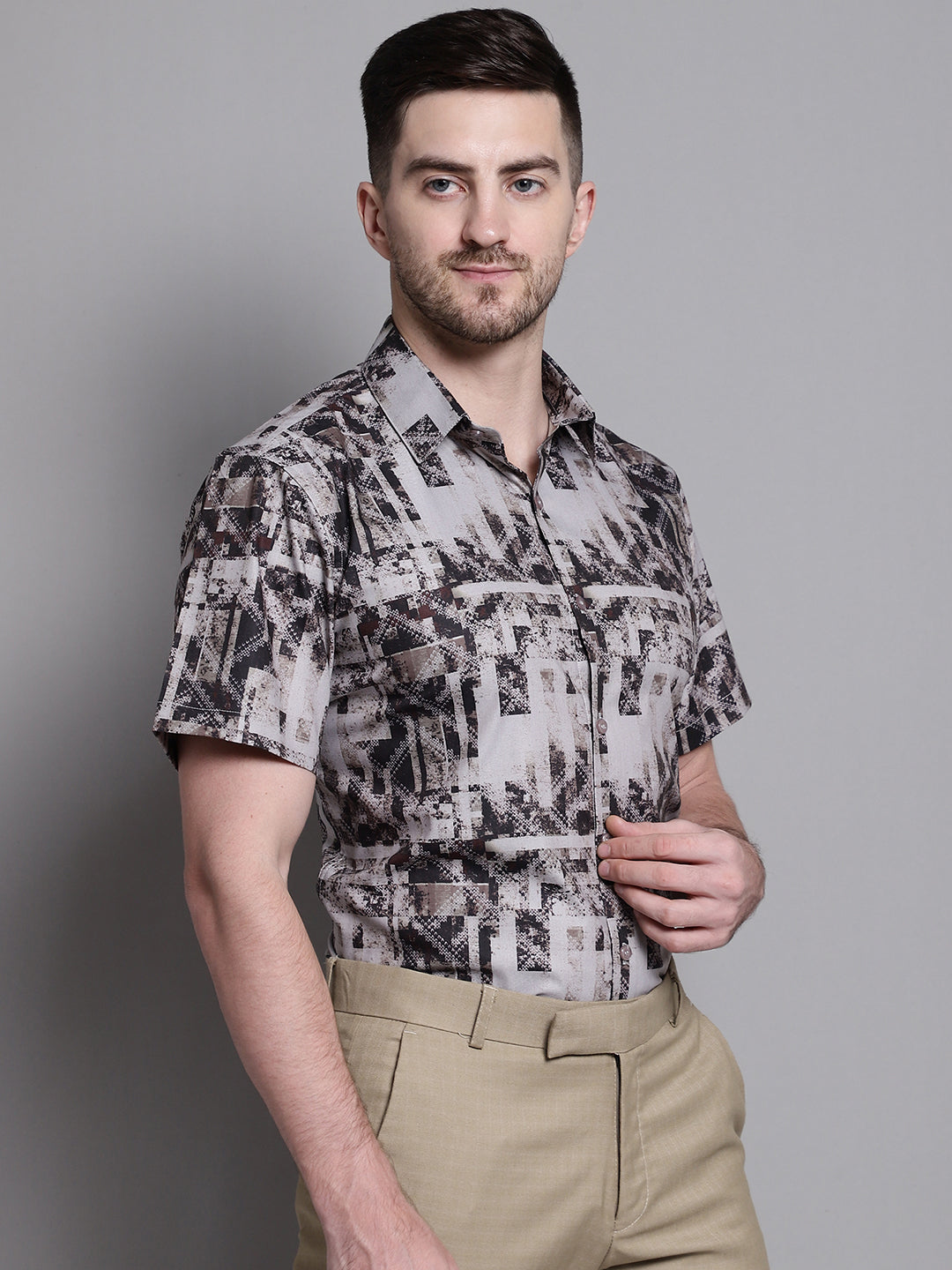 Jainish Men's Printed Formal Shirt - Brown