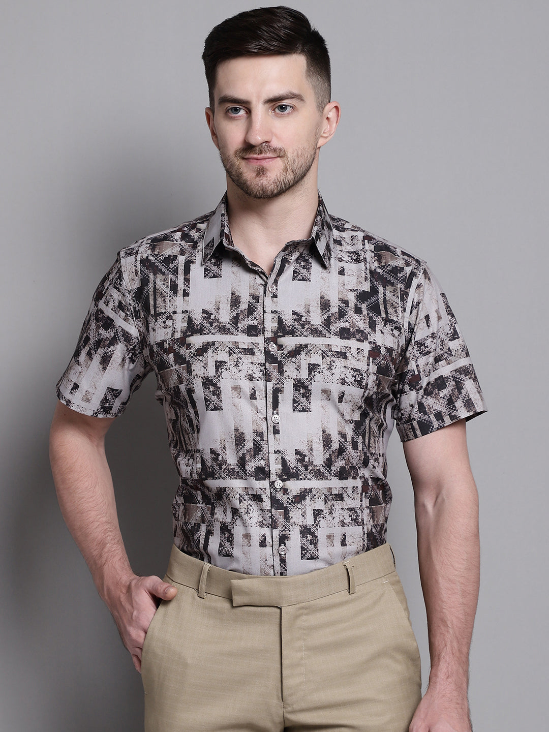Jainish Men's Printed Formal Shirt - Brown
