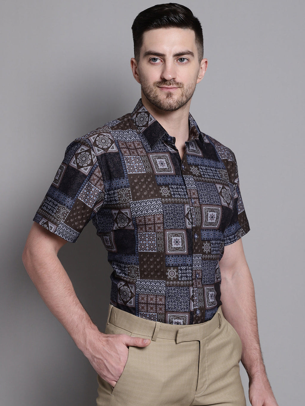 Jainish Men's Printed Formal Shirt - Coffee