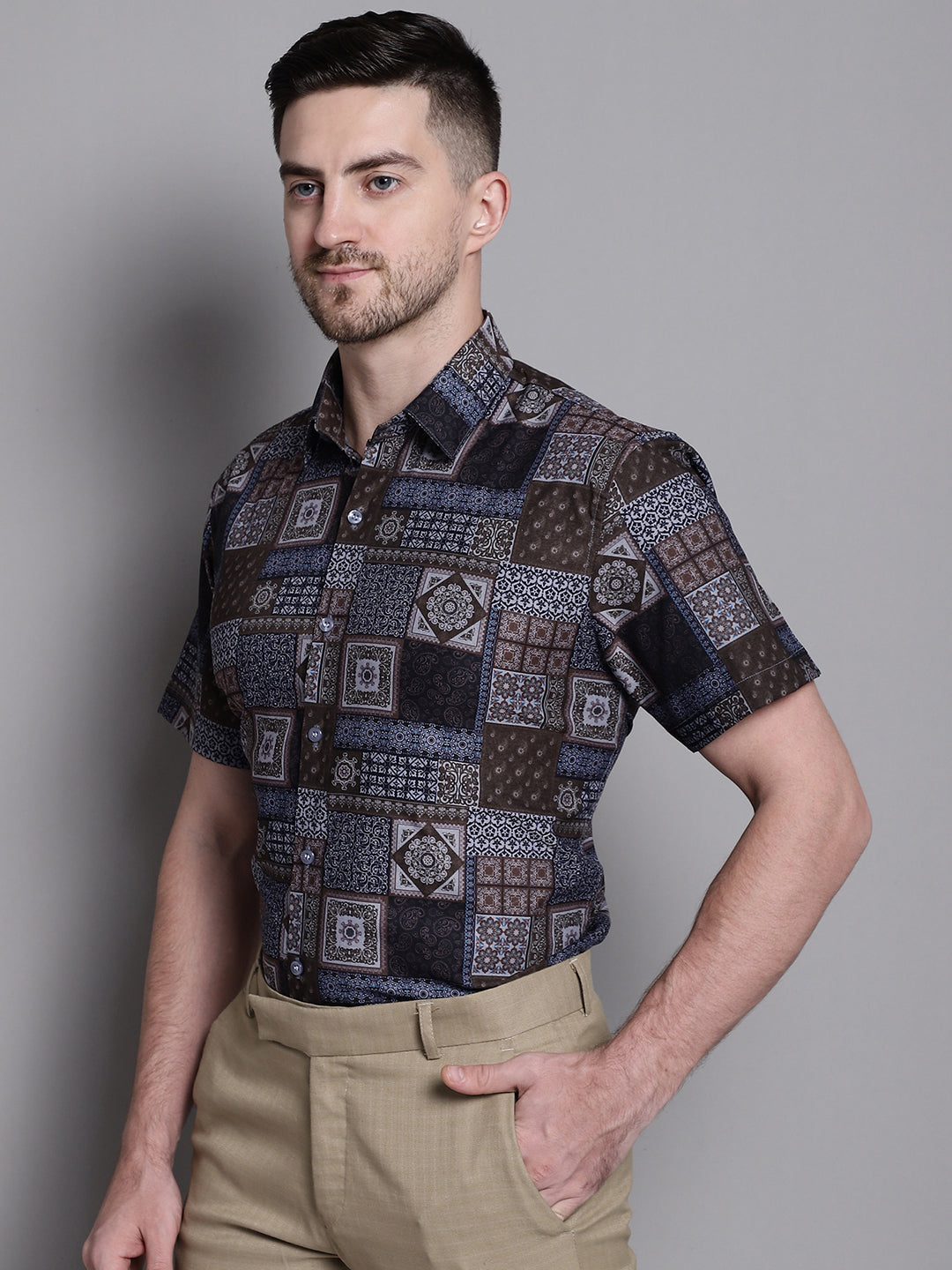 Jainish Men's Printed Formal Shirt - Coffee