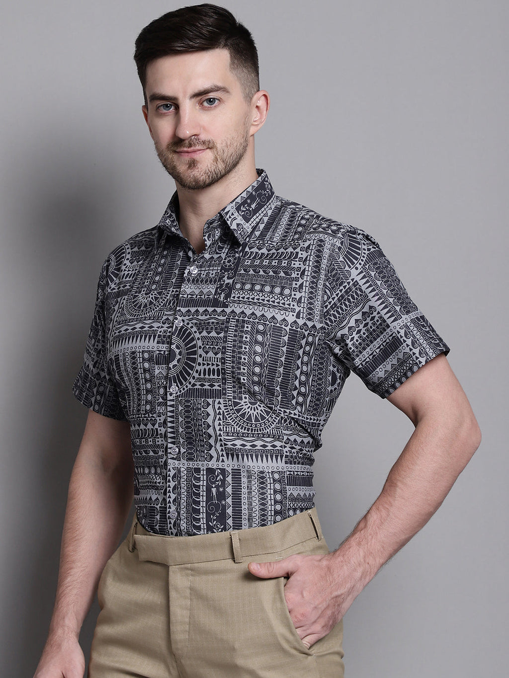Jainish Men's Printed Formal Shirt - Grey