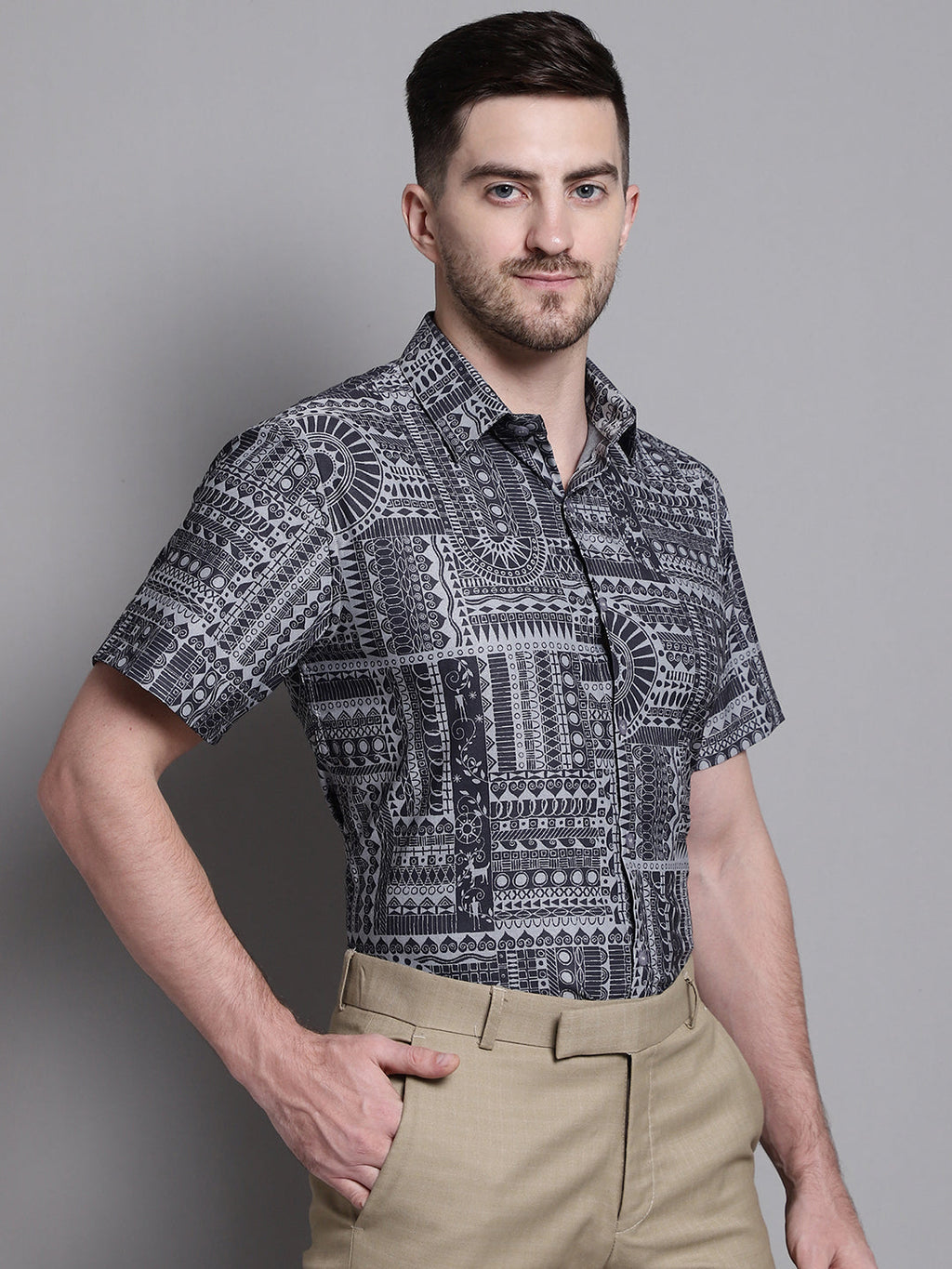 Jainish Men's Printed Formal Shirt - Grey