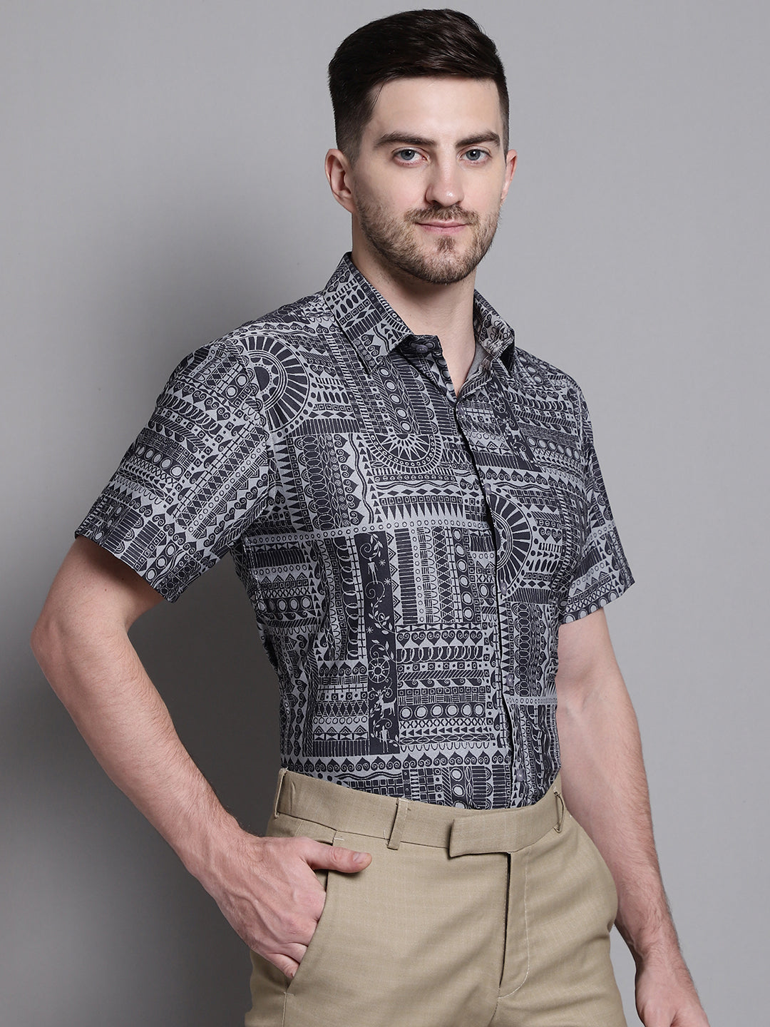 Jainish Men's Printed Formal Shirt - Grey