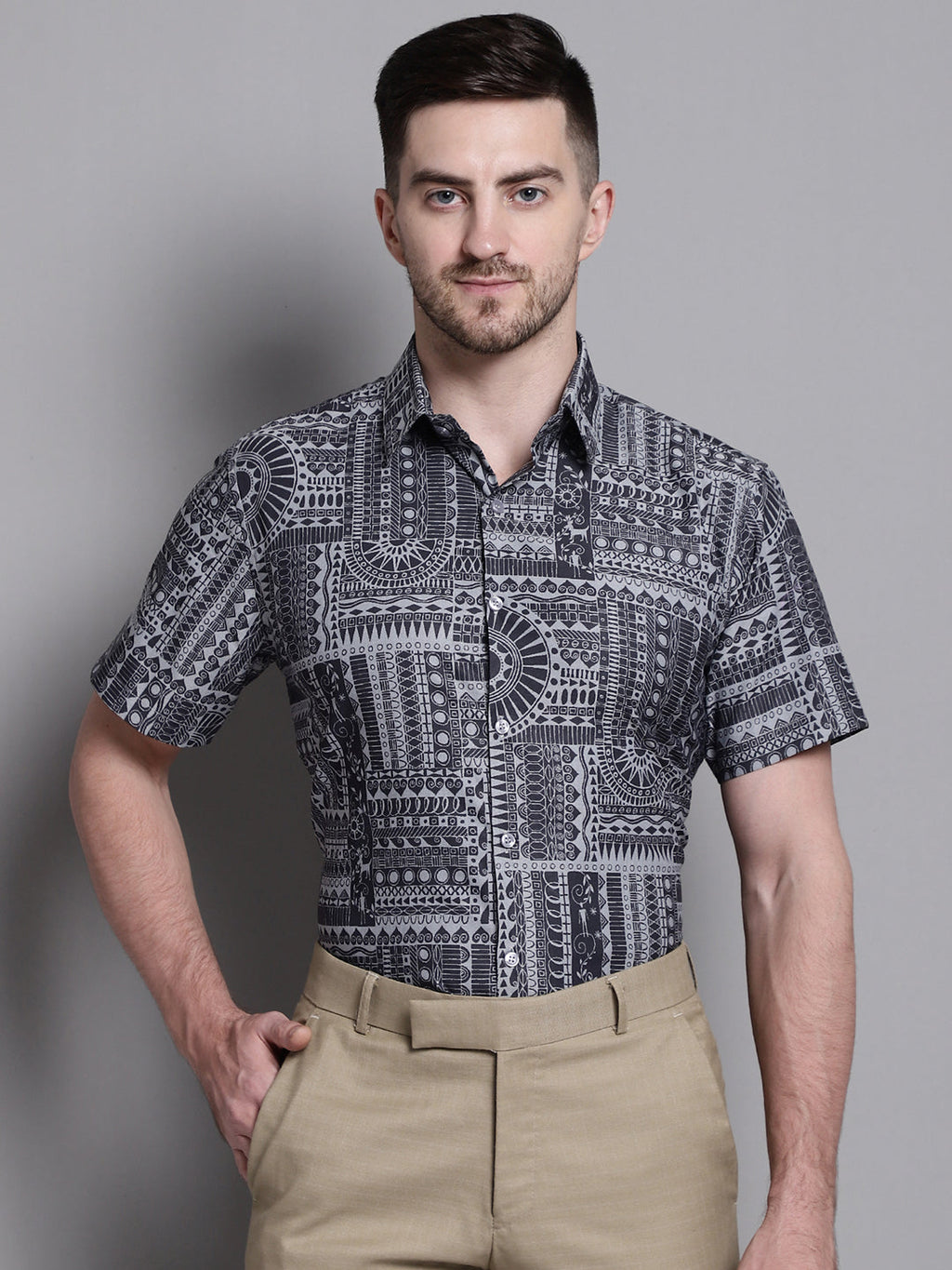 Jainish Men's Printed Formal Shirt - Grey