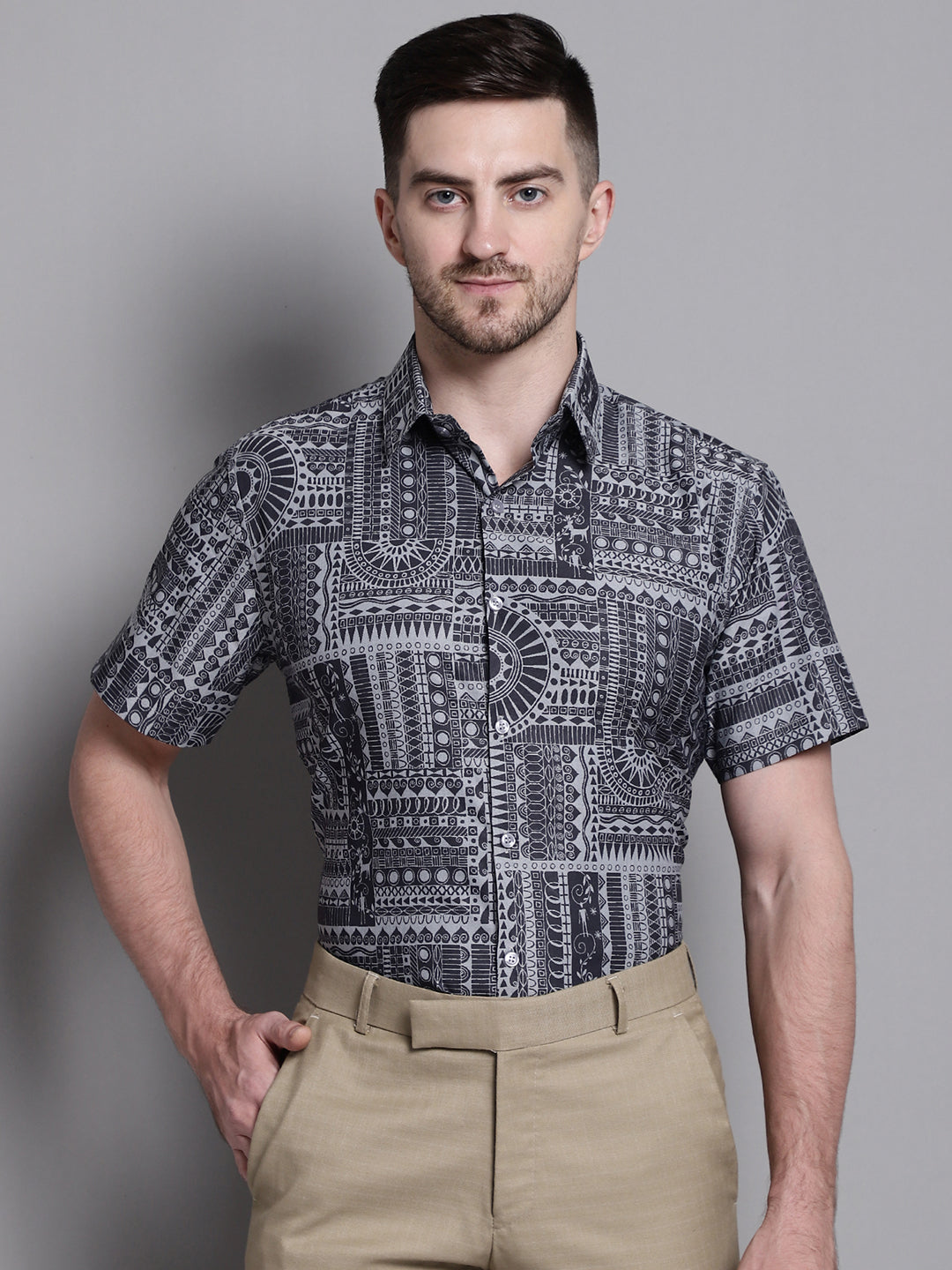Jainish Men's Printed Formal Shirt - Grey