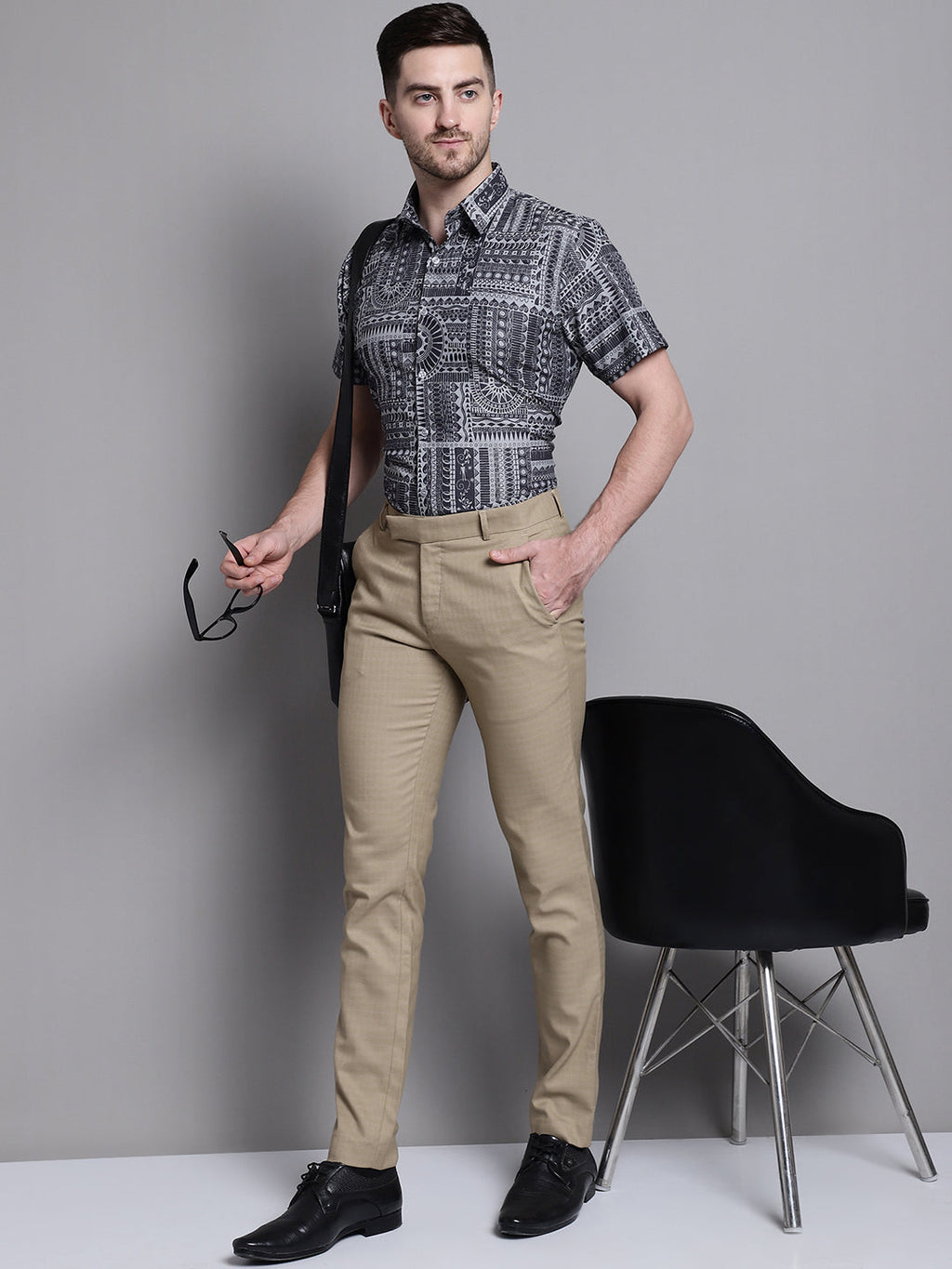 Jainish Men's Printed Formal Shirt - Grey