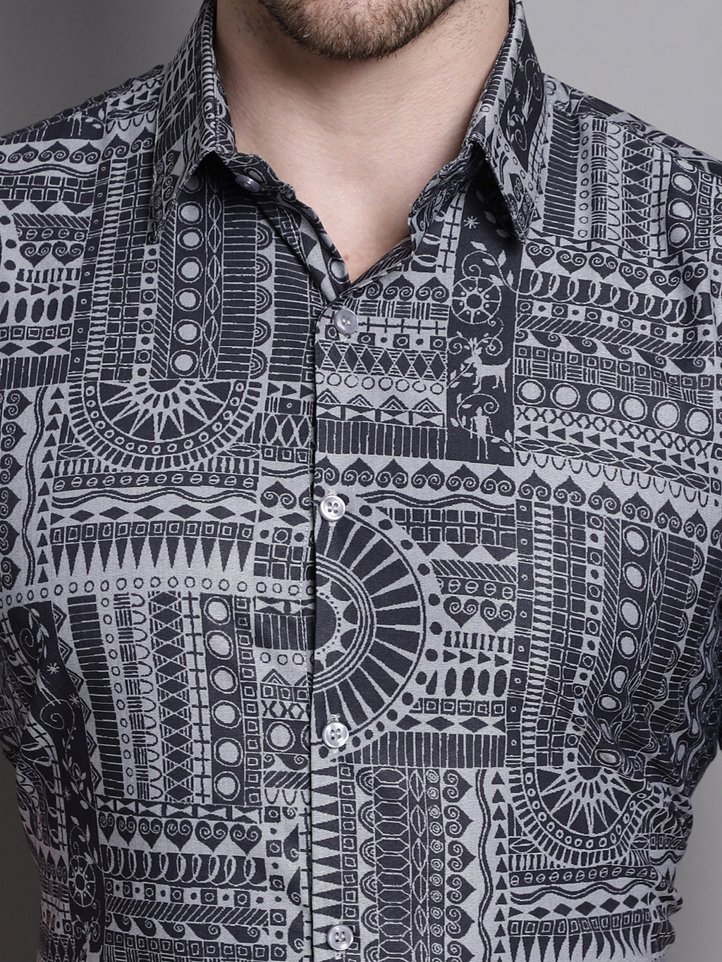 Jainish Men's Printed Formal Shirt - Grey