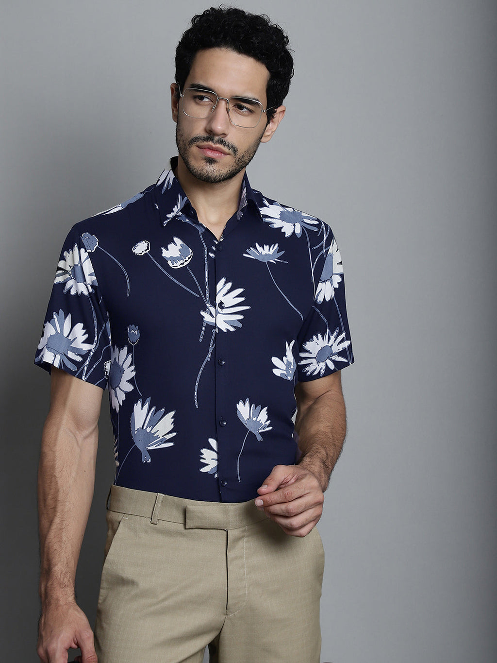 Jainish Men's Floral Printed Formal Shirts - Navy Blue