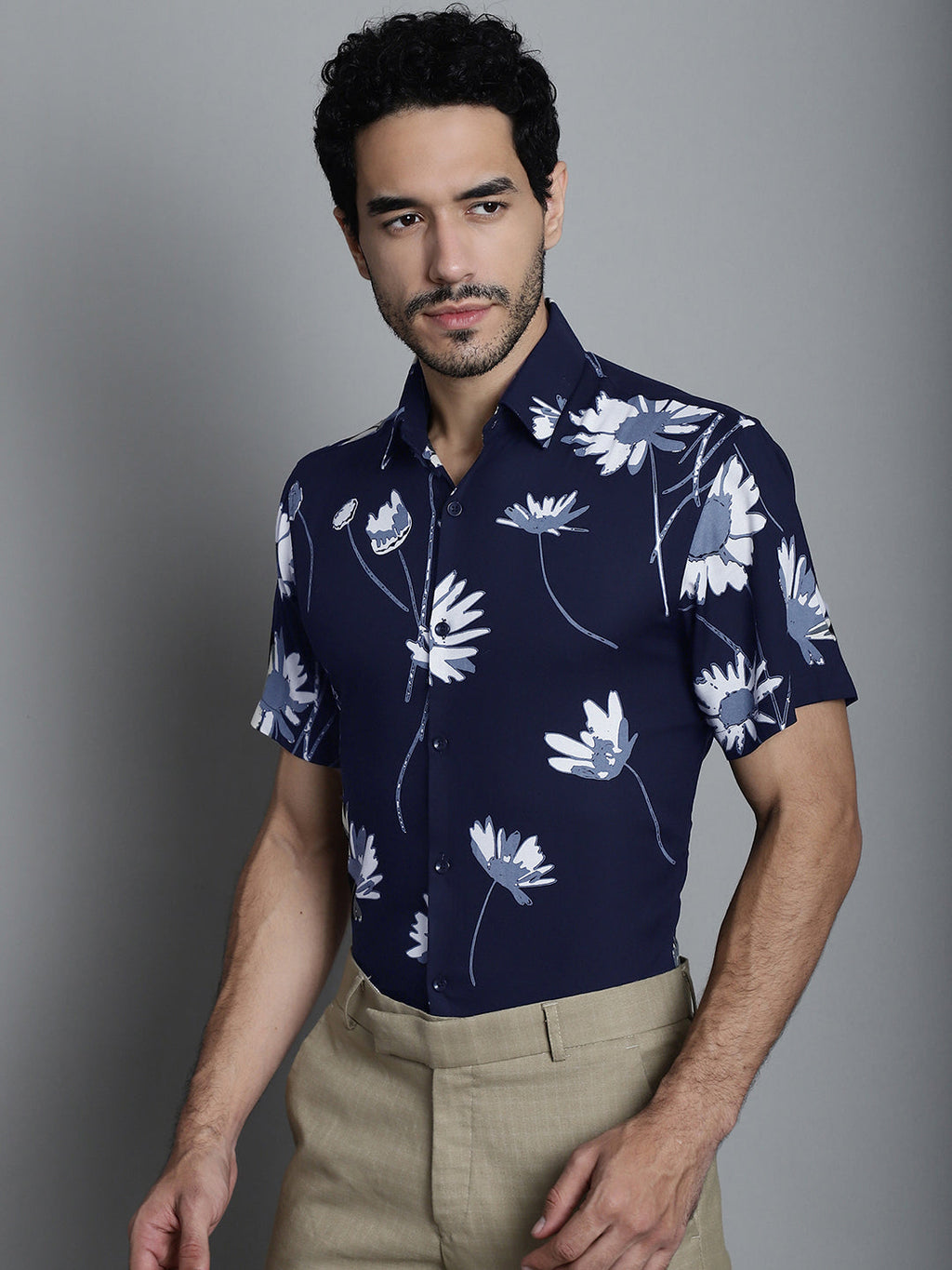 Jainish Men's Floral Printed Formal Shirts - Navy Blue