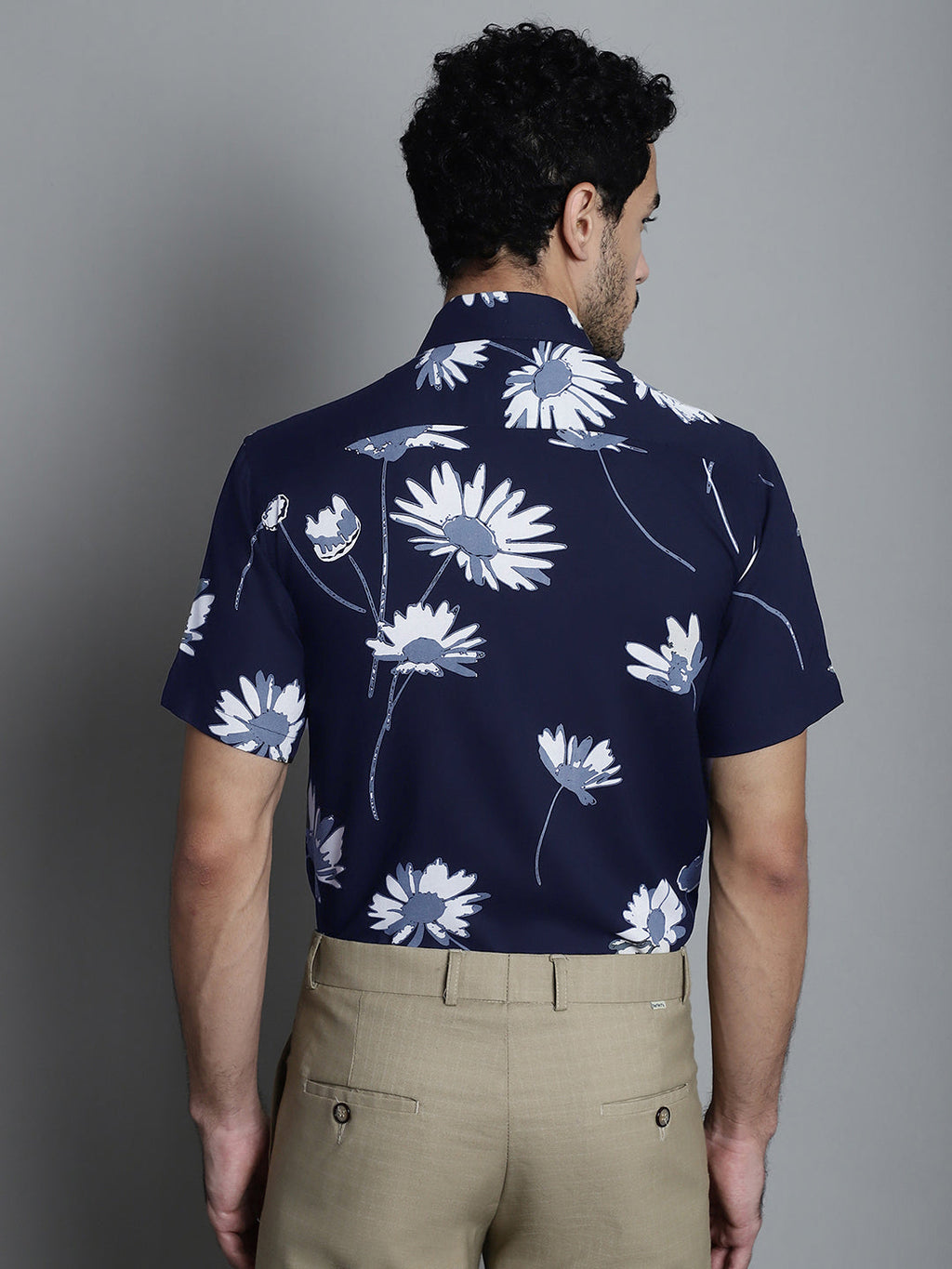 Jainish Men's Floral Printed Formal Shirts - Navy Blue
