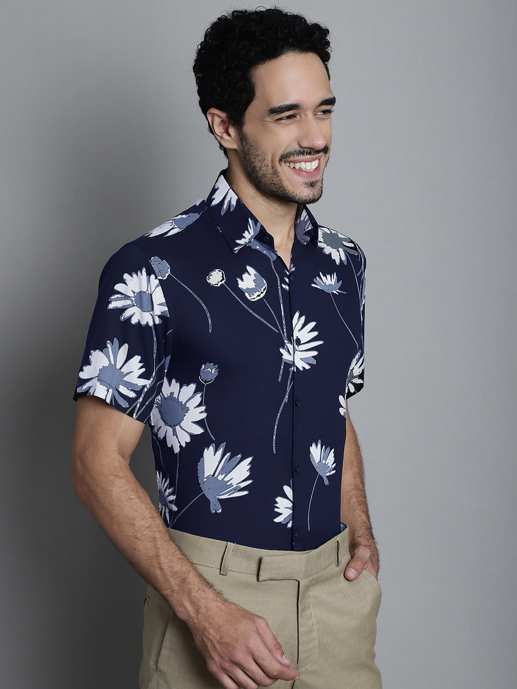 Jainish Men's Floral Printed Formal Shirts - Navy Blue