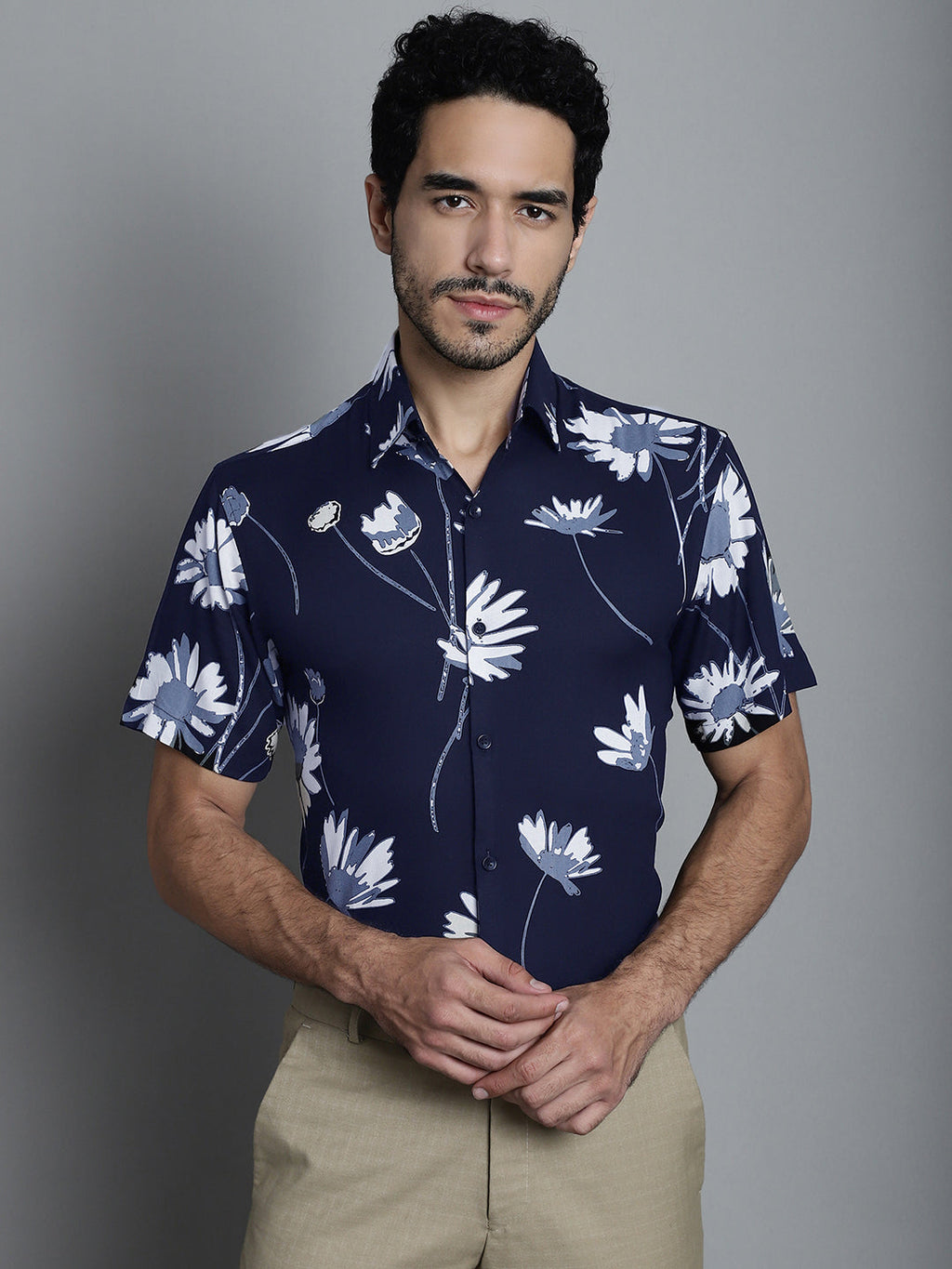 Jainish Men's Floral Printed Formal Shirts - Navy Blue