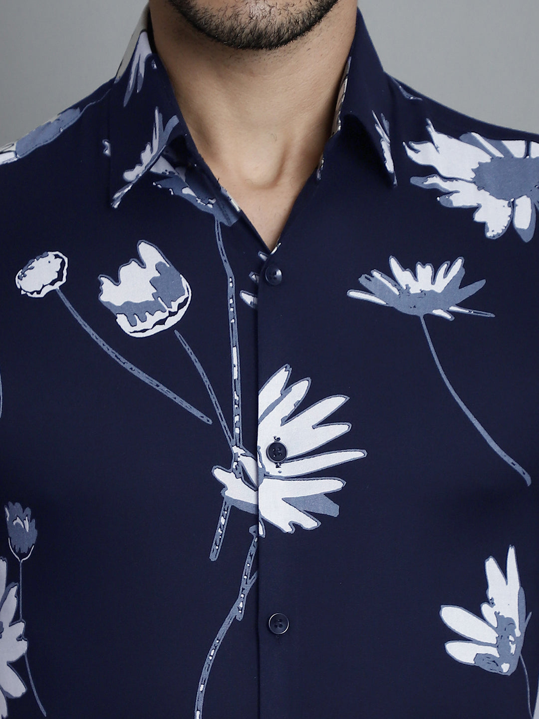 Jainish Men's Floral Printed Formal Shirts - Navy Blue