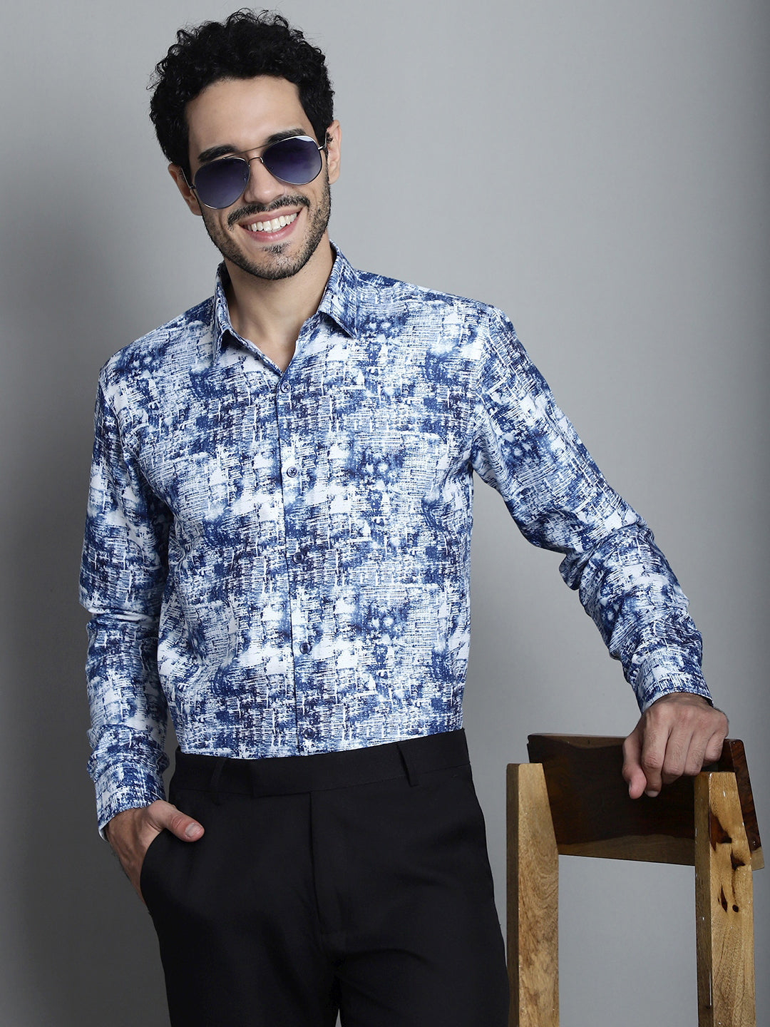 Jainish Men's Geomatric Printed Formal Shirts - Blue