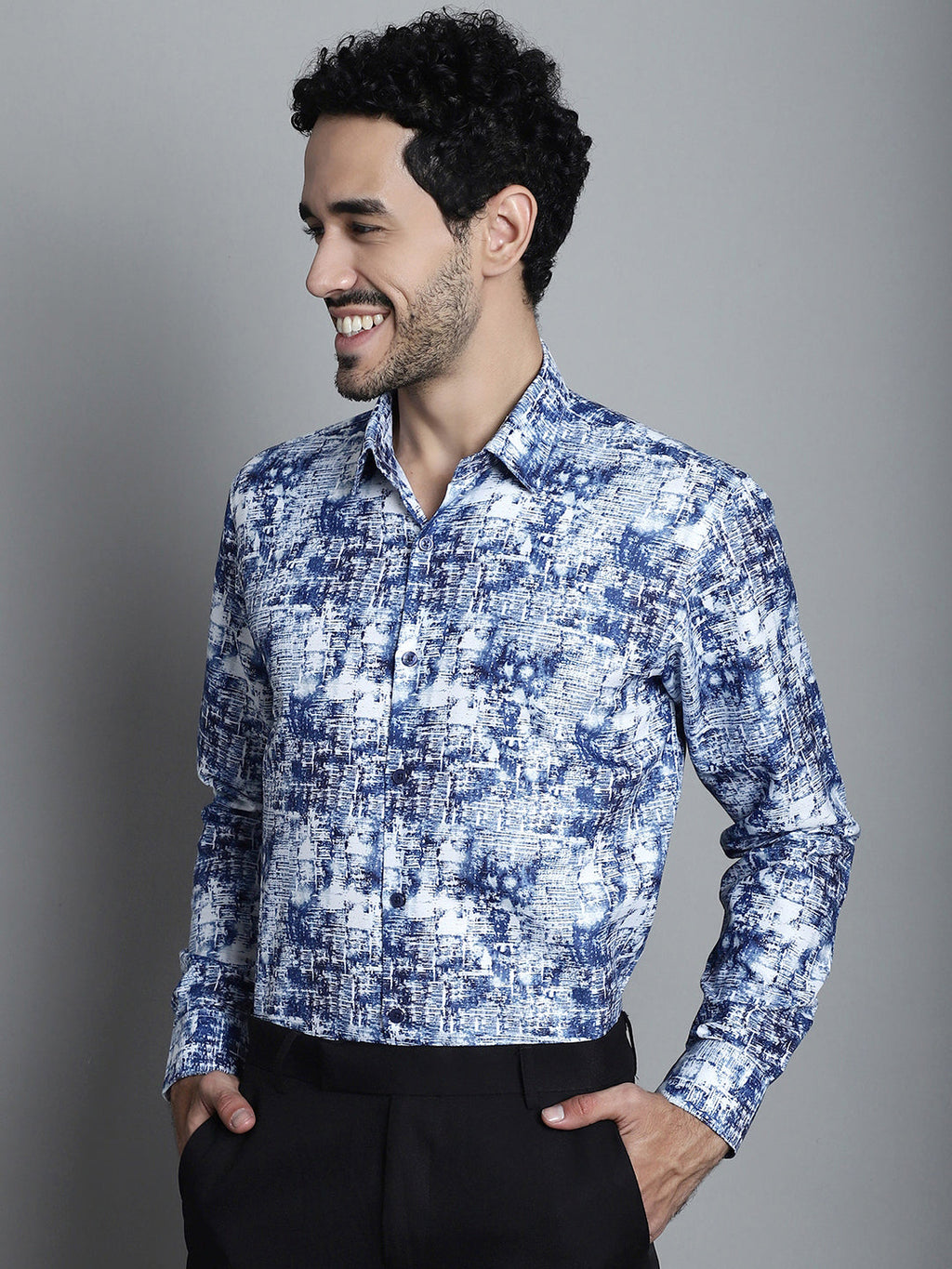 Jainish Men's Geomatric Printed Formal Shirts - Blue