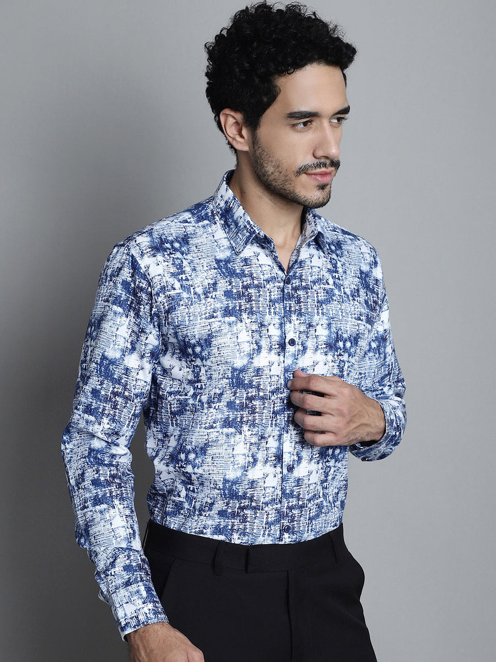 Jainish Men's Geomatric Printed Formal Shirts - Blue
