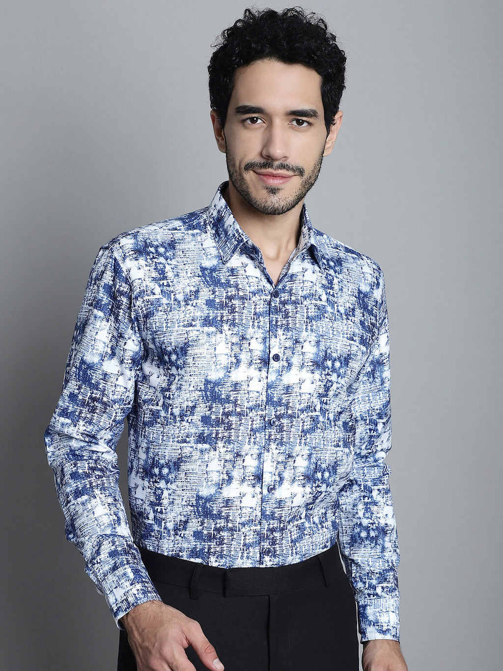 Jainish Men's Geomatric Printed Formal Shirts - Blue