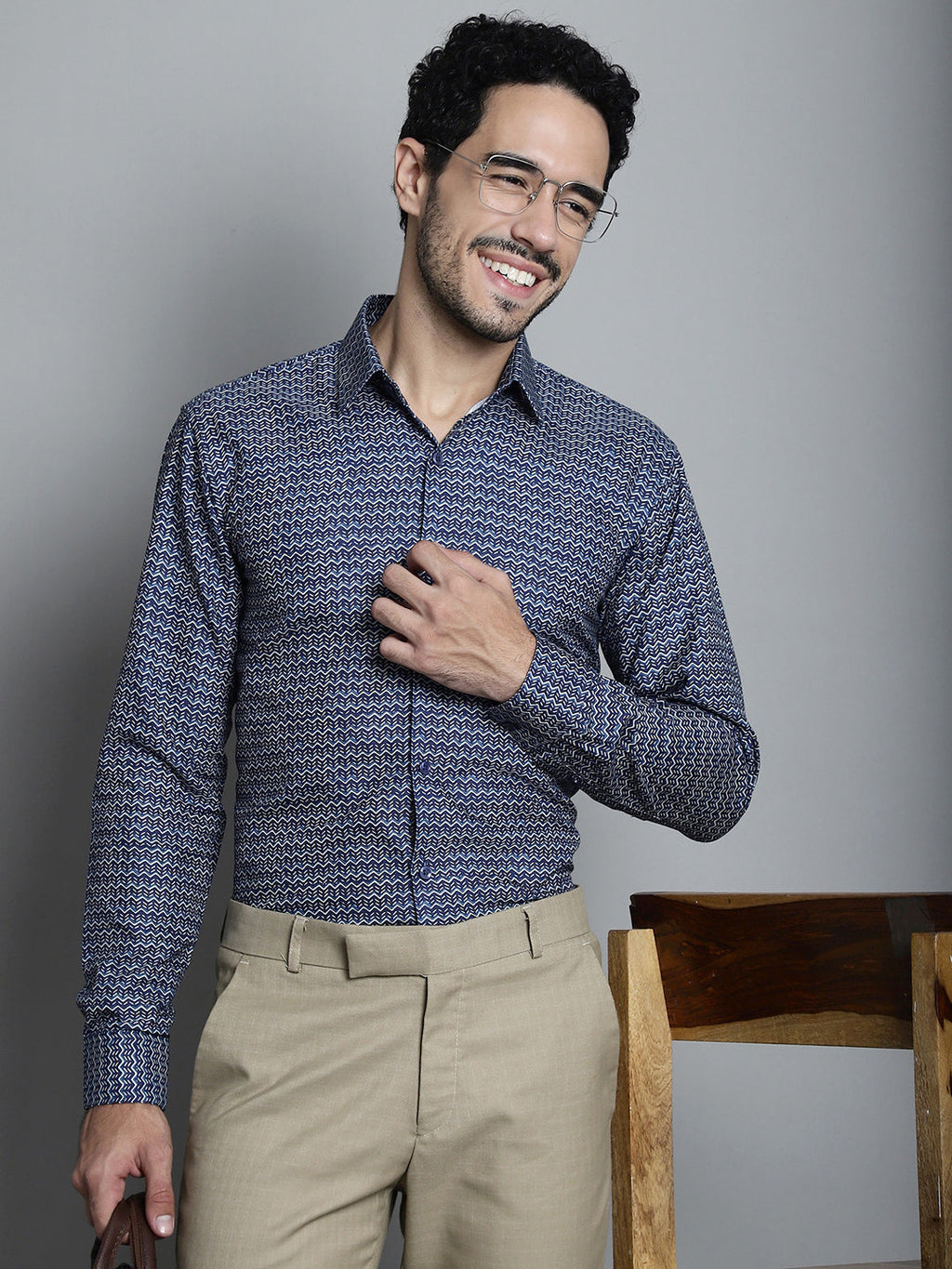 Jainish Men's Geomatric Printed Formal Shirts - Navy Blue