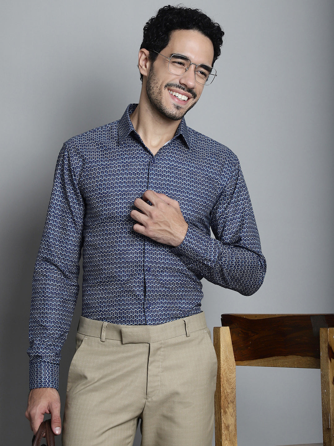 Jainish Men's Geomatric Printed Formal Shirts - Navy Blue