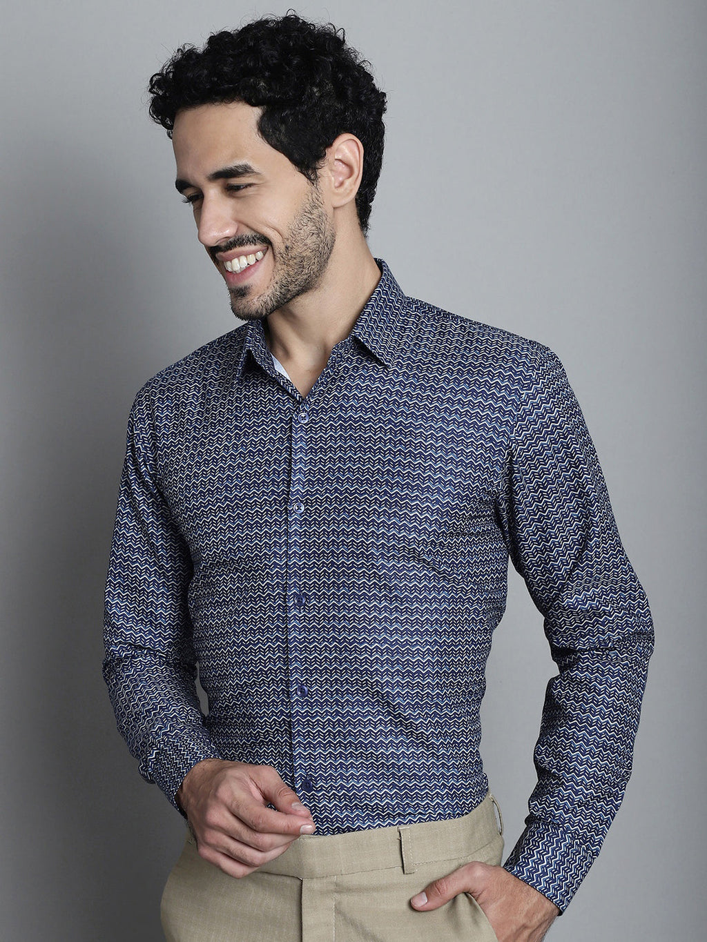 Jainish Men's Geomatric Printed Formal Shirts - Navy Blue