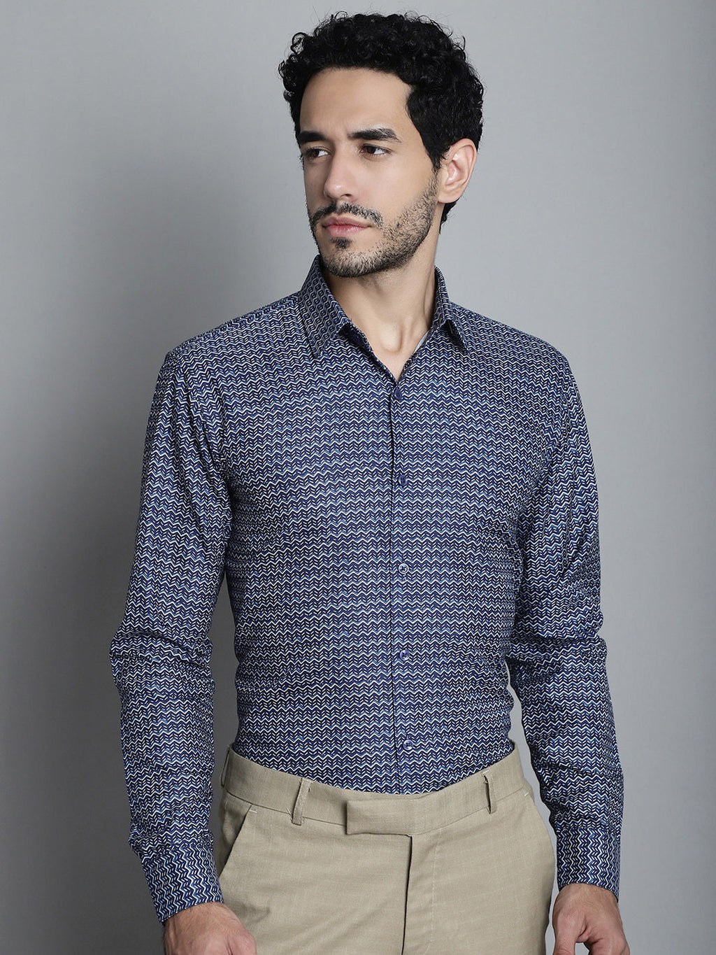Jainish Men's Geomatric Printed Formal Shirts - Navy Blue